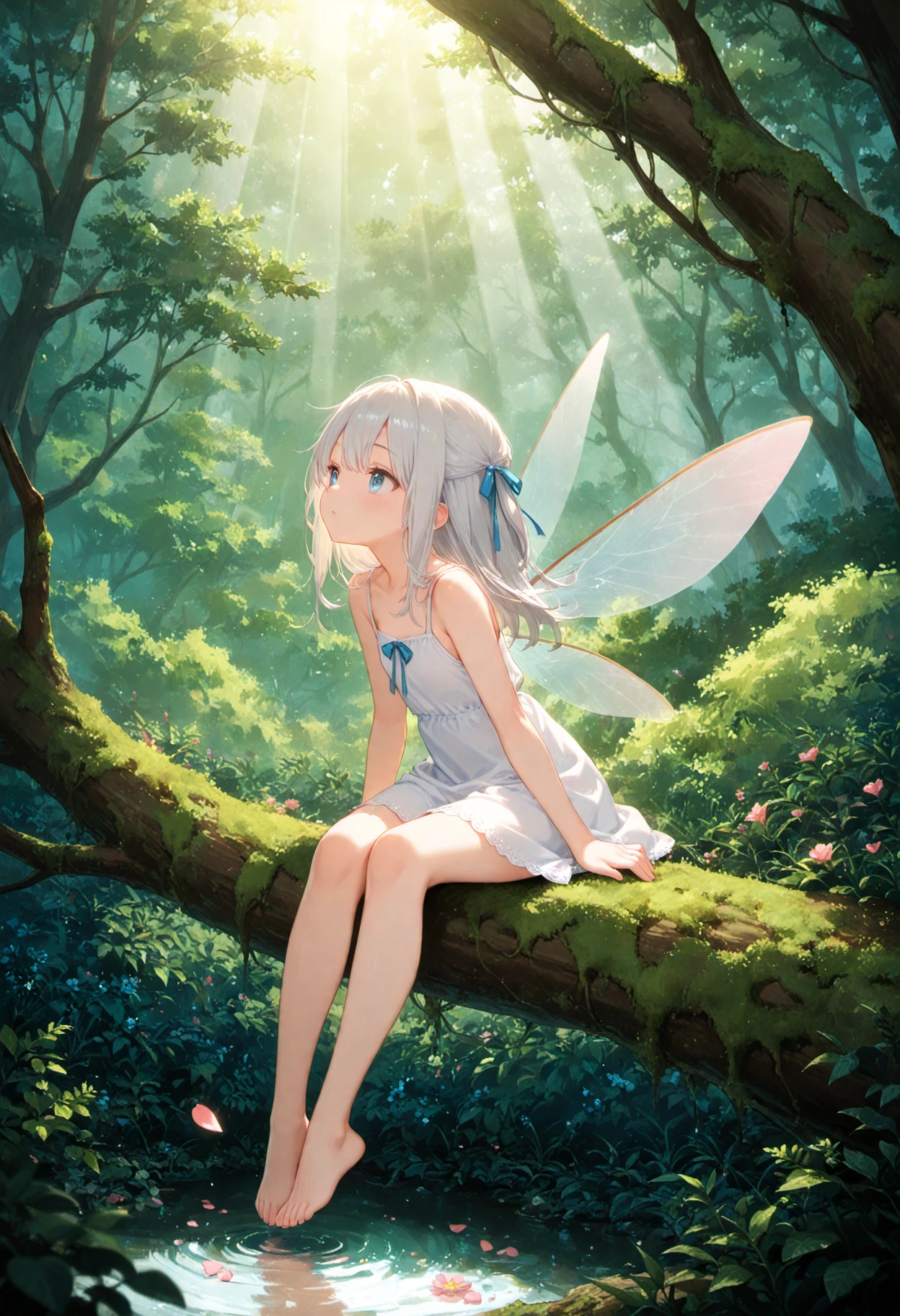 masterpiece, best quality, very aesthetic, 1girl, full body, tree, plant, flowers, petal, bush, moss, sitting on tree, fairy wings, white sundress, silver hair, hair ribbon, bare legs, blue eyes, water, light rays, cinematic lighting