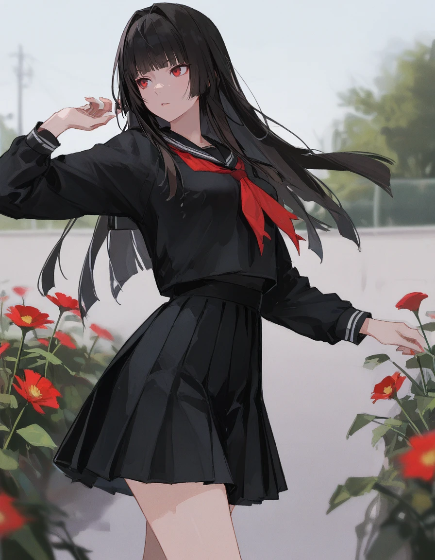 masterpiece,best quality,amazing quality,very aesthetic,high resolution,ultra detailed,perfect details,<lora:96YOTTEA-WAI:1>,
school,outdoors,flower,
1girl,cowboy shot, dynamic pose,
<lora:maipgrsaotomeyuka:0.8>,maipgrsaotomeyuka1girl,long_hair,hime_cut,sidelocks,black_hair,red_eyes,black_serafuku,red neckerchief,pleated_skirt,black_skirt,short skirt,short,