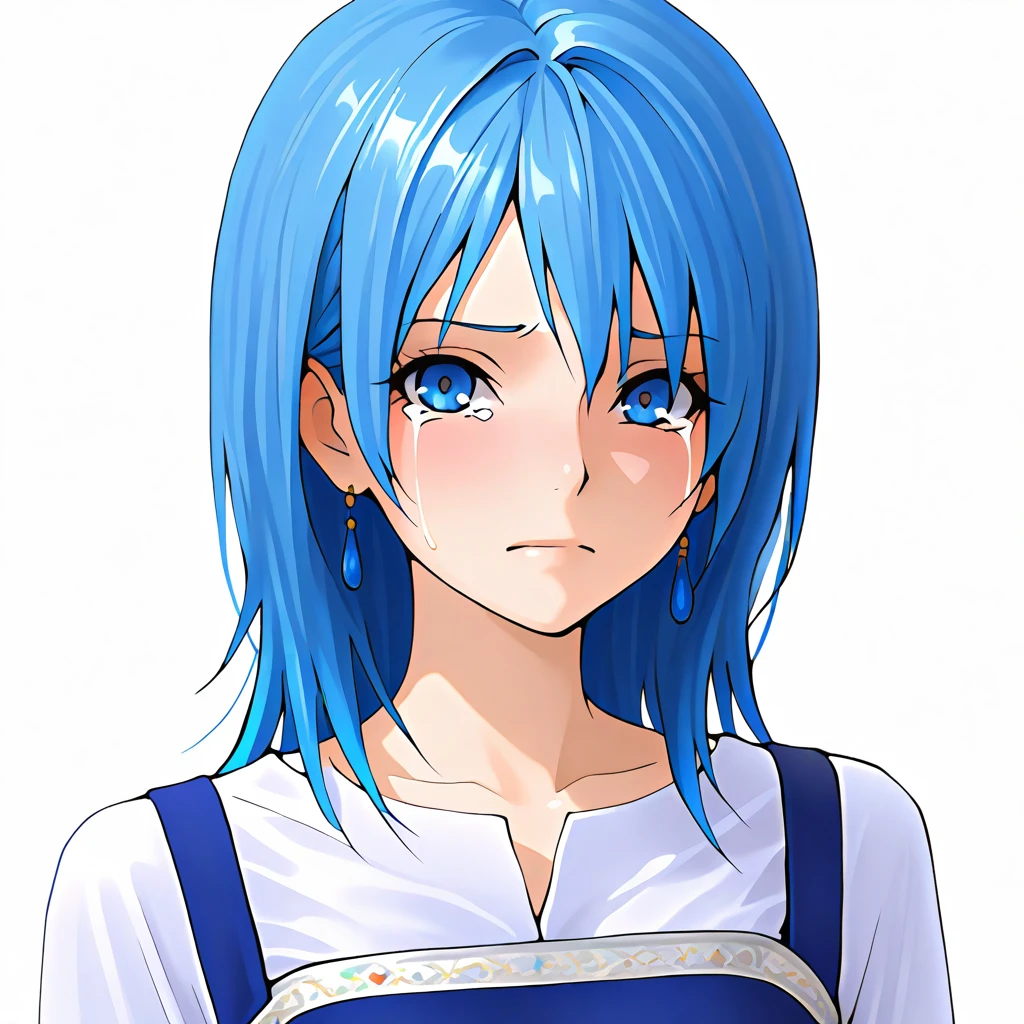 <lora:VeneAnsbachV2_illustrious:1>,sb_vene,white shirt, medium hair, earrings,blue dress, long dress, pinafore dress, long sleeves, 1girl, solo, simple background, boots,blue eyes,blue hair,jewelry, white trim,petticoat, upper body,white background,looking at viewer, tears,, masterpiece, best quality, amazing quality, newest,detailed face, beautiful eye