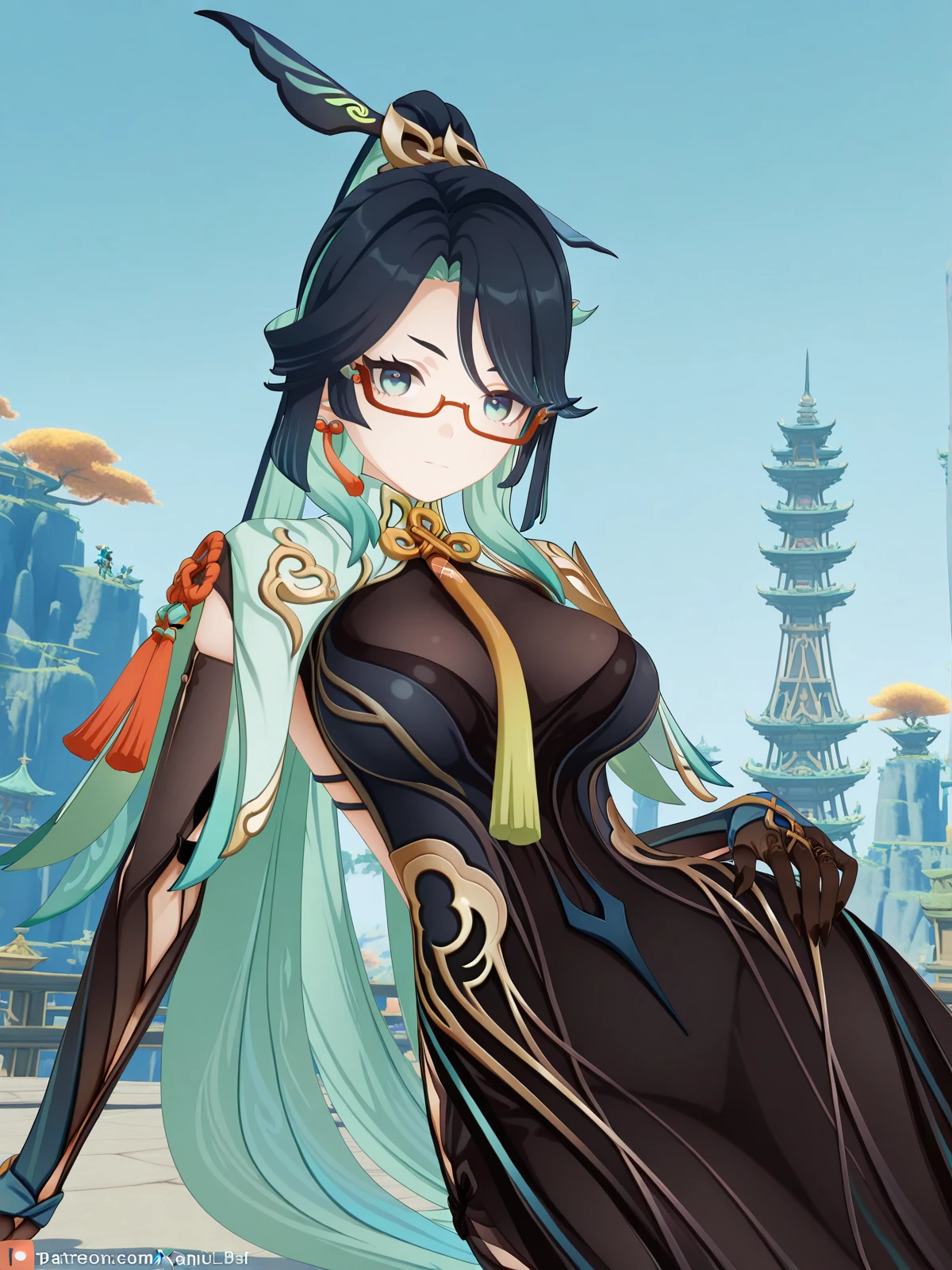masterpiece, best quality, amazing quality,, <lora:genshin-xianyun-ingame-illustriousxl-lora-nochekaiser:1>, xianyun, xianyun (genshin impact), long hair, black hair, hair ornament, very long hair, blue hair, multicolored hair, green hair, glasses, two-tone hair, aqua eyes, aqua hair, colored inner hair, semi-rimless eyewear, red-framed eyewear, mature female, large breasts, 3d, long sleeves, gloves, dress, jewelry, earrings, black gloves, black dress, tassel, tassel earrings, <lora:princess-leia-pose-illustriousxl-lora-nochekaiser:1>, princess leia pose, sitting, hand on own hip, on side,, tower, tall, height, view, structure, cowboy shot, solo, looking at viewer,