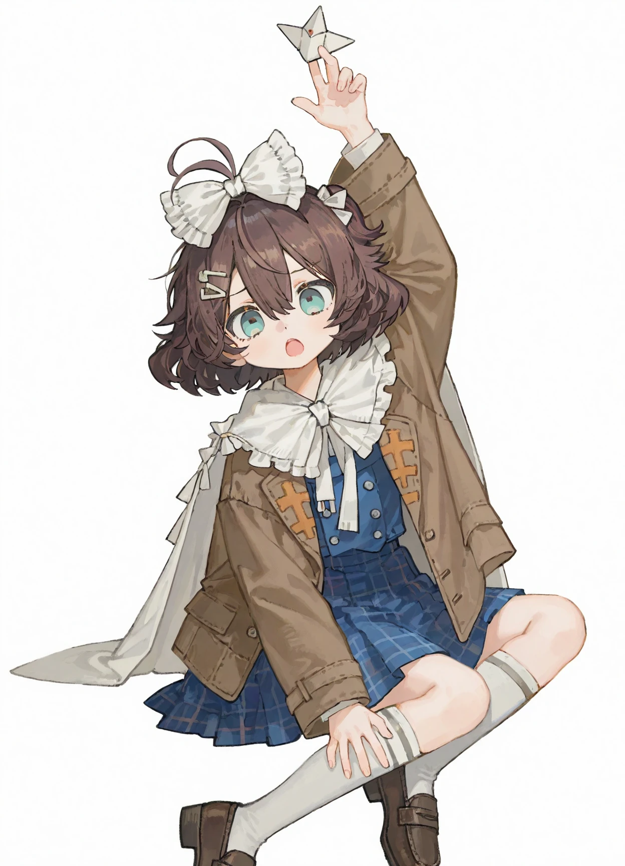 very awa,masterpiece,huge filesize,best quality,newest,[[4 fingers]],4toes,
realistic,(quasarcake:0.7),[[artist:ciloranko]],highres,
((solo:1.5)),1girl,<lora:kanat0.v1:0.8>,kanat0,<lora:Age-V2:2>,
real world location,photo bashing,
<lora:Flutterpage2:1>,zxqe2,brown hair,short hair,ahoge,hair between eyes,aqua eyes,brown jacket,open clothes,white cape,blue dress,plaid skirt,medium skirt,white socks,kneehighs,brown footwear,black shoes,loafers,hair ornament,buttons,frills,ribbon,white bow,hair bow,origami,
white background,simple background,full_shot,dynamic pose,sitting,looking_at_viewer,@_@,open mouth,