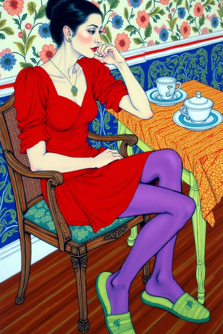 A painting by HOPEGANG of a woman with an introspective expression seated at a vibrant floral-patterned table; wearing a striking red dress, purple legs, and green slippers contrasting with pale skin; detailed wallpaper background; bright, soft lighting highlighting features with gentle shadows; layered scene with tea set and plates adding depth; contemporary vibrant figurative style blending expressionism and folk art; exaggerated colors and playful patterns creating a whimsical, reflective mood.