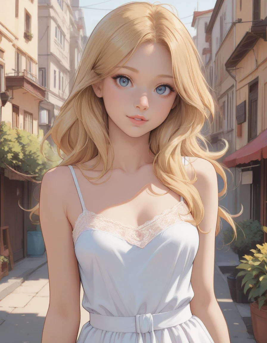 parted lips, gentle smile, sundress, half top body view, looking at viewer, solo,   masterpiece, best quality,  <lora:myLovelyBlond:0.8> 1girl, long hair, blond hair, blue eyes, camisole dress, ,