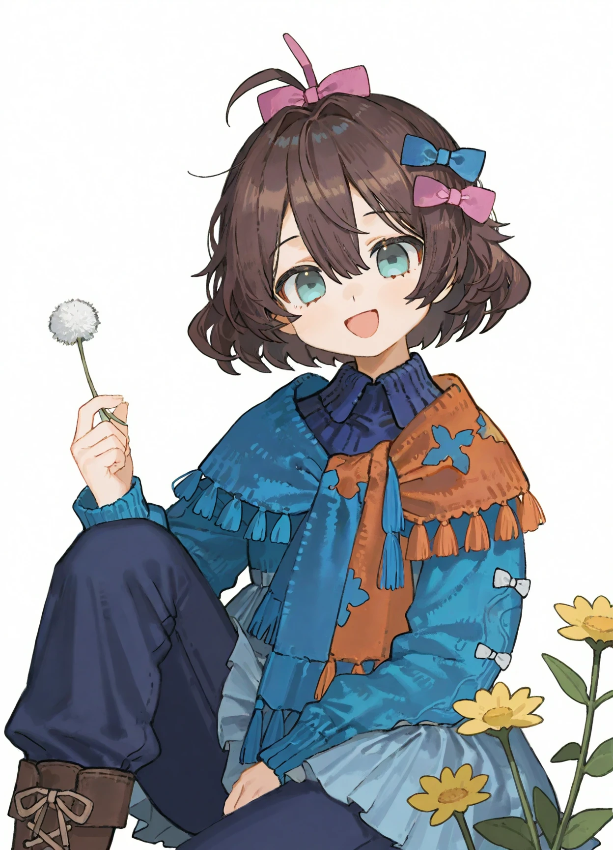 very awa,masterpiece,huge filesize,best quality,newest,[[4 fingers]],4toes,
realistic,(quasarcake:0.7),[[artist:ciloranko]],highres,
((solo:1.5)),1girl,<lora:kanat0.v1:0.8>,kanat0,<lora:Age-V2:2>,
real world location,photo bashing,
<lora:Flutterpage:1>,zxqe,1girl,solo,brown hair,short hair,ahoge,hair between eyes,aqua eyes,blue dress,tent dress,long sleeves,pants under dress,blue pants,brown footwear,boots,cross-laced footwear,pink bow,bow,hair bow,blue bow,blue scarf,orange scarf,two-tone scarf,flower,dandelion,white background,simple background,full_shot,dynamic pose,sitting,looking_at_viewer,:d,