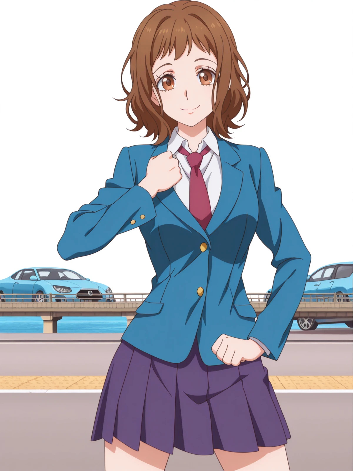 masterpiece, best quality, amazing quality,, <lora:miou-aida-movie-illustriousxl-lora-nochekaiser:1>, miou aida, short hair, brown hair, brown eyes, mature female, , anime screencap, skirt, jacket, pleated skirt, necktie, blazer, blue blazer, shirt, white shirt, collared shirt, red necktie, blue skirt,, <lora:giorno-giovannas-pose-illustriousxl-lora-nochekaiser:1>, giorno giovannas pose, giorno giovanna's pose (jojo), jojo pose, hand up, clenched hand, hand on waist, smile, looking at viewer, cowboy shot,, bridge, connection, water, road, cars, cowboy shot, solo, looking at viewer, <lora:transparent-background-illustriousxl-lora-nochekaiser:1>, transparent background, simple background, white background