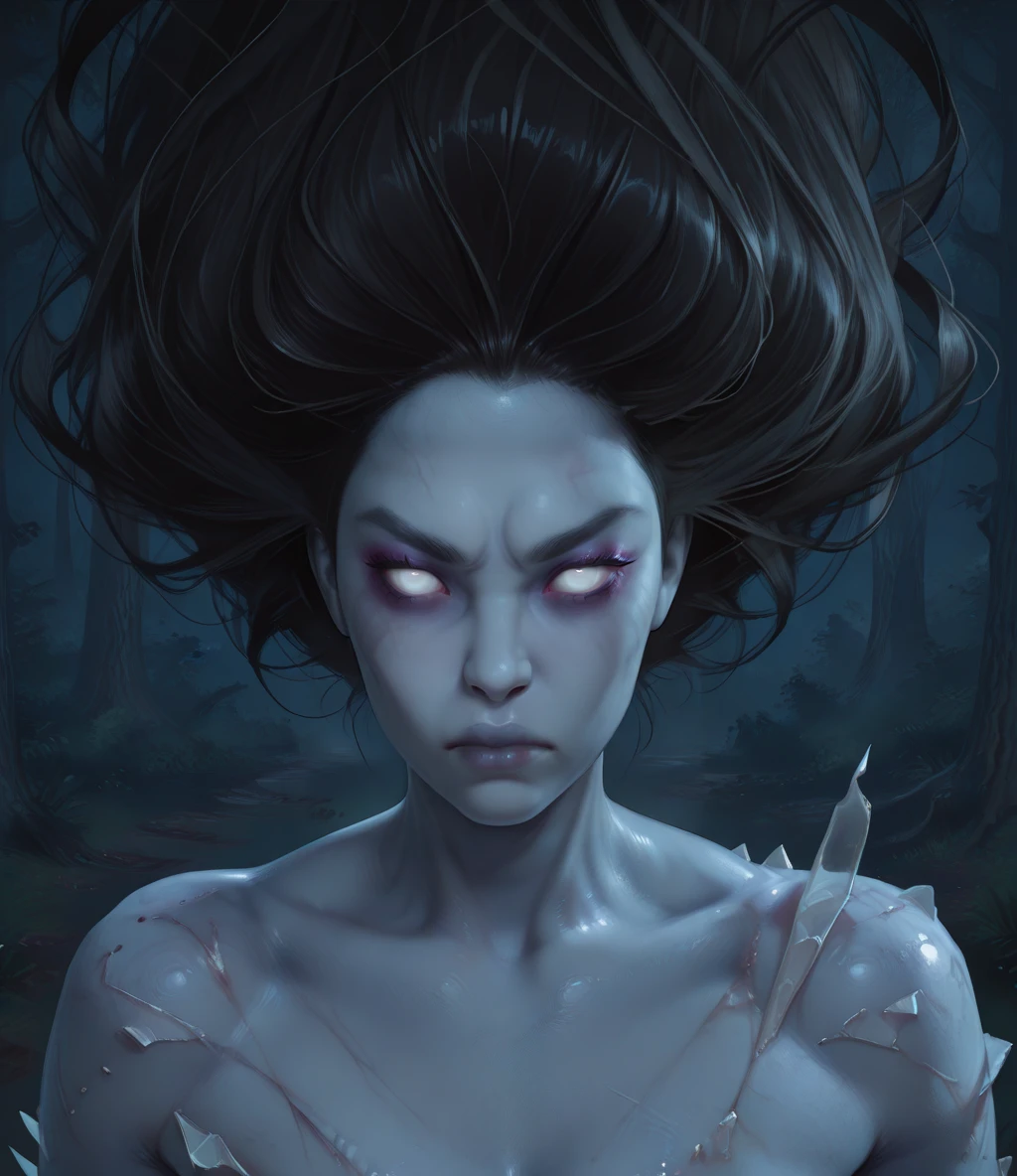 tsprtxl, black large hair, white eyes,
close up, glass in skin, makeup, serious,
looking at viewer,
night, forest,
(insanely detailed, masterpiece, best quality), <lora:TheSpiritDExl-12v1-il:1>,