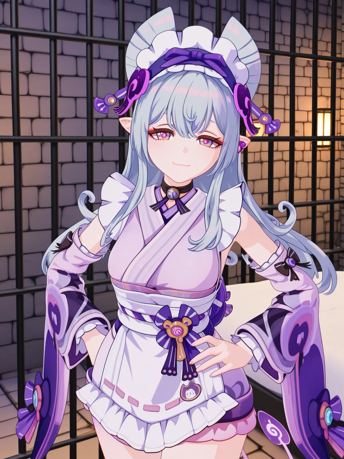 masterpiece, best quality, amazing quality,, <lora:genshin-mizuki-yumemizuki-ingame-illustriousxl-lora-nochekaiser:1>, mizuki yumemizuki, long hair, purple eyes, tail, grey hair, hairband, pointy ears, pink eyes, mature female, medium breasts, 3d, long sleeves, bow, frills, detached sleeves, japanese clothes, wide sleeves, kimono, apron, maid, sash, maid headdress, white apron, waist apron, purple kimono, wa maid, smug, hands on own hip,, prison cell, bars, bed, stone_walls, isolation, cowboy shot, solo, looking at viewer,