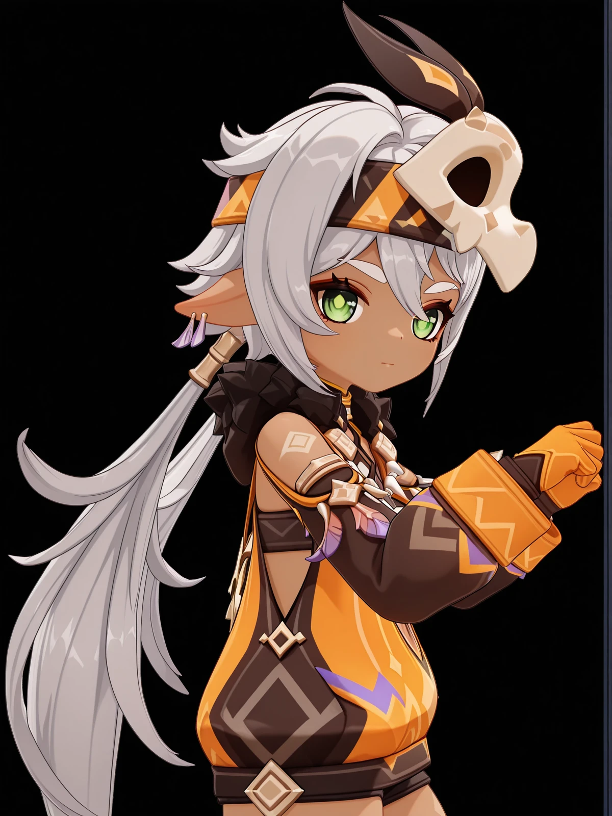 masterpiece, best quality, amazing quality,, <lora:genshin-iansan-ingame-illustriousxl-lora-nochekaiser:1>, iansan, iansan (genshin impact), long hair, hair ornament, hair between eyes, very long hair, green eyes, white hair, grey hair, ponytail, pointy ears, dark skin, dark-skinned female, 3d, long sleeves, gloves, jewelry, earrings, shorts, fur trim, mask, headband, feathers, feather hair ornament, mask on head, orange gloves, tooth necklace, from side, arcade, games, lights, fun, retro, cowboy shot, solo, looking at viewer, <lora:transparent-background-illustriousxl-lora-nochekaiser:1>, transparent background, simple background, white background