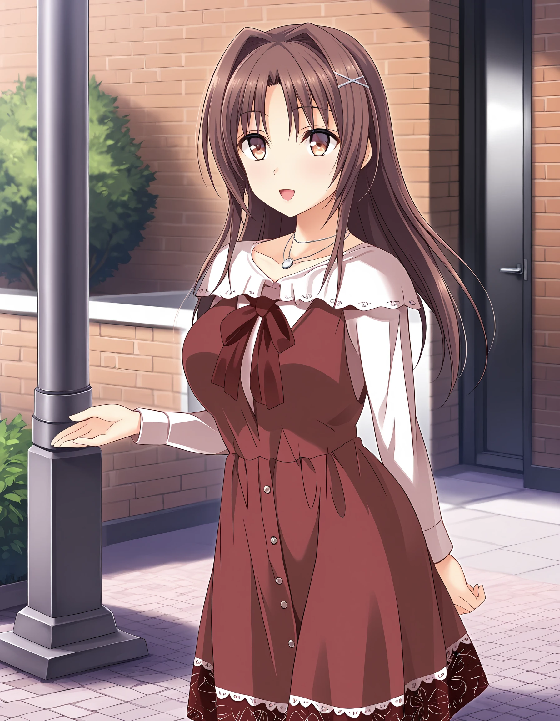 masterpiece, best quality, amazing quality, ultra detail, best resolution, good , good hand,
BREAK <lora:saionji-nao Toriko no Shirabe -Refrain- Chouritsu Sareru Otome-tachi to Onna Kyoushi (Guilty)-illustrious:1> saionji-nao, brown hair, x hairpins, silver hairpins, , brown eyes, hair down
BREAK outfit03, blouse, white blouse, frilled blouse, long sleeves blouse, dress, pinafore dress, maroon dress, sleeveless dress, lace trimmed dress, dress buttons, deep red bow, necklace, collarbone,
BREAK 1girl, solo, posing, happy, outdoor,