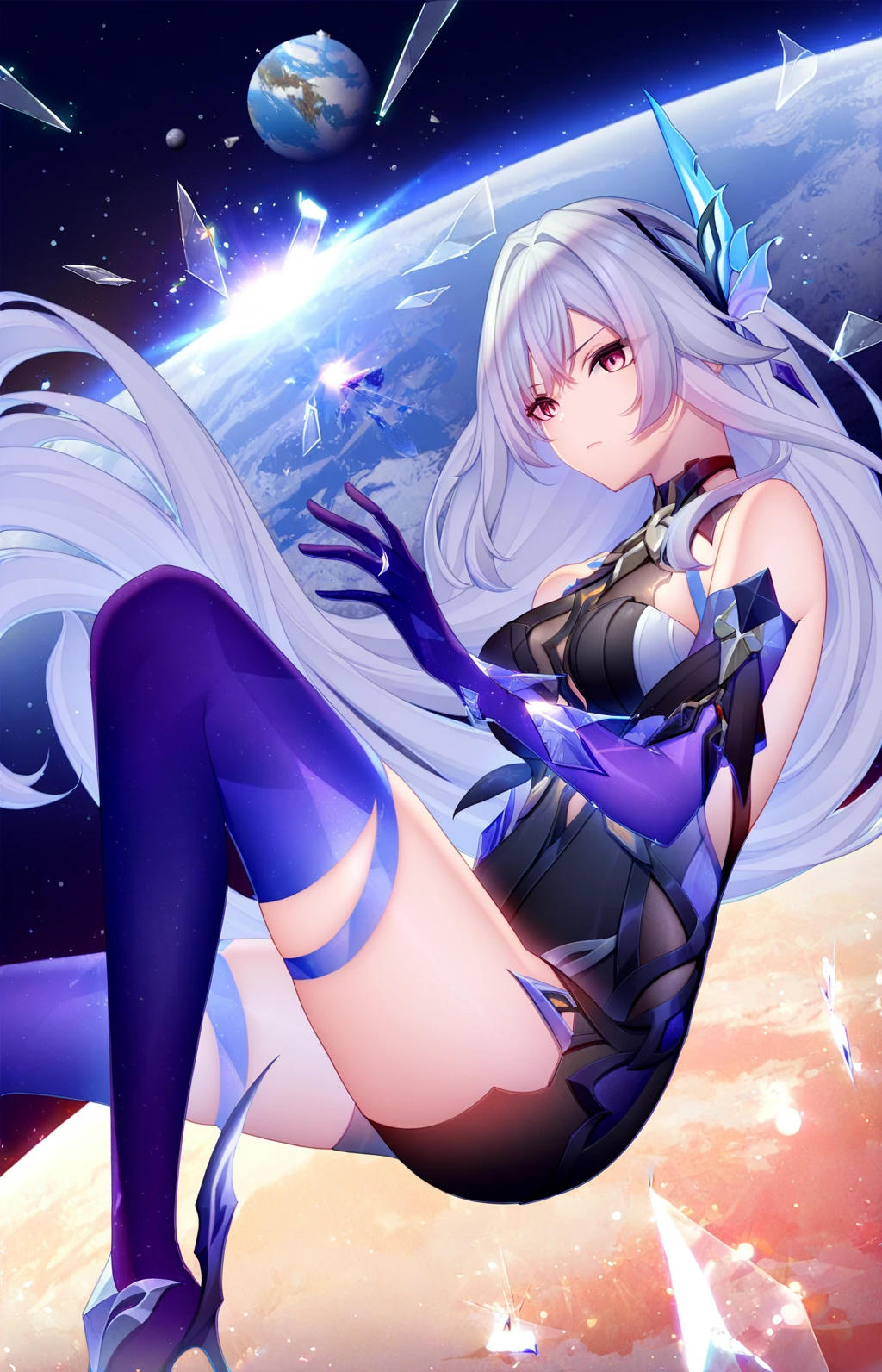 (Hyper Extreme Detail), (Masterpiece), (Hyper Extreme), (Photorealistic), CG, (Color: 1.2), 1 Girl, Solo, Haruka Takamori, Pink Eyes, Blue Hair, White Hair Band, Magical Girl, Blue Costume, White Thighs, White Skirt, Moderate Breasts, Watch Viewer, Rain, Sky, Ruins, Burning City, Cyberpunk
