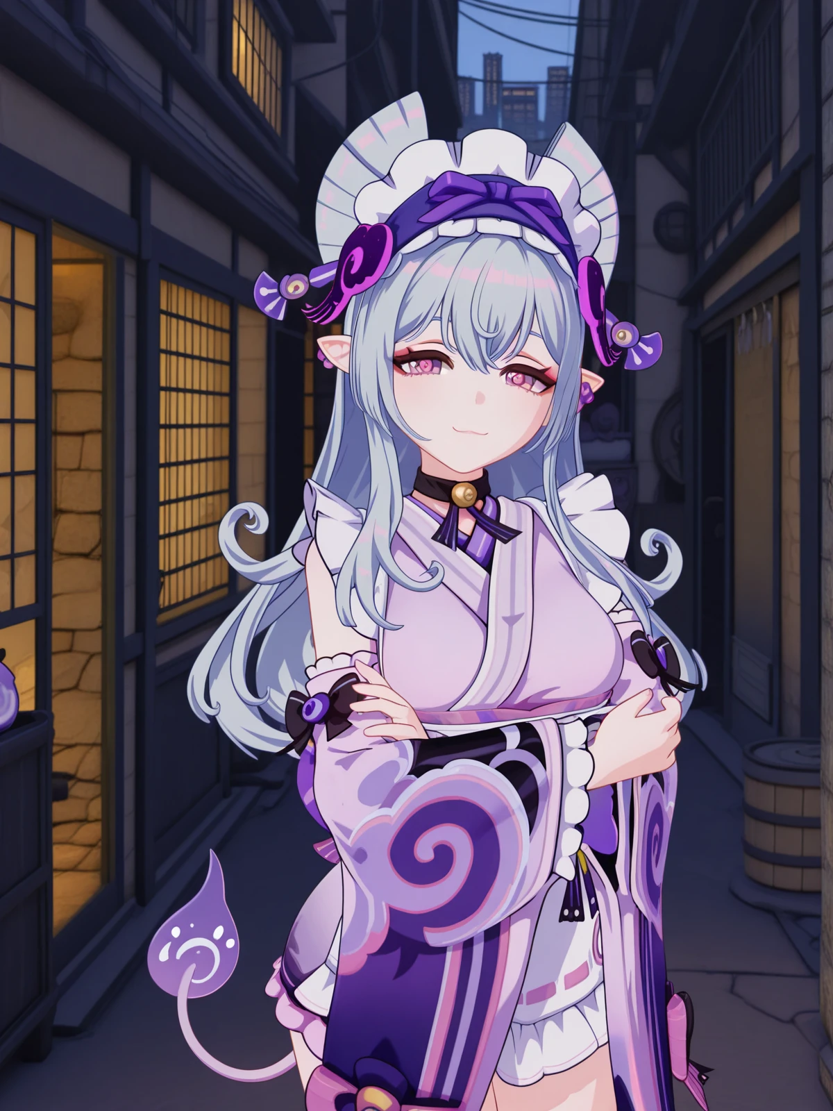 masterpiece, best quality, amazing quality,, <lora:genshin-mizuki-yumemizuki-ingame-illustriousxl-lora-nochekaiser:1>, mizuki yumemizuki, long hair, purple eyes, tail, grey hair, hairband, pointy ears, pink eyes, mature female, medium breasts, 3d, long sleeves, bow, frills, detached sleeves, japanese clothes, wide sleeves, kimono, apron, maid, sash, maid headdress, white apron, waist apron, purple kimono, wa maid, crossed arms, smug, alley, narrow, urban, dark, buildings, cowboy shot, solo, looking at viewer,