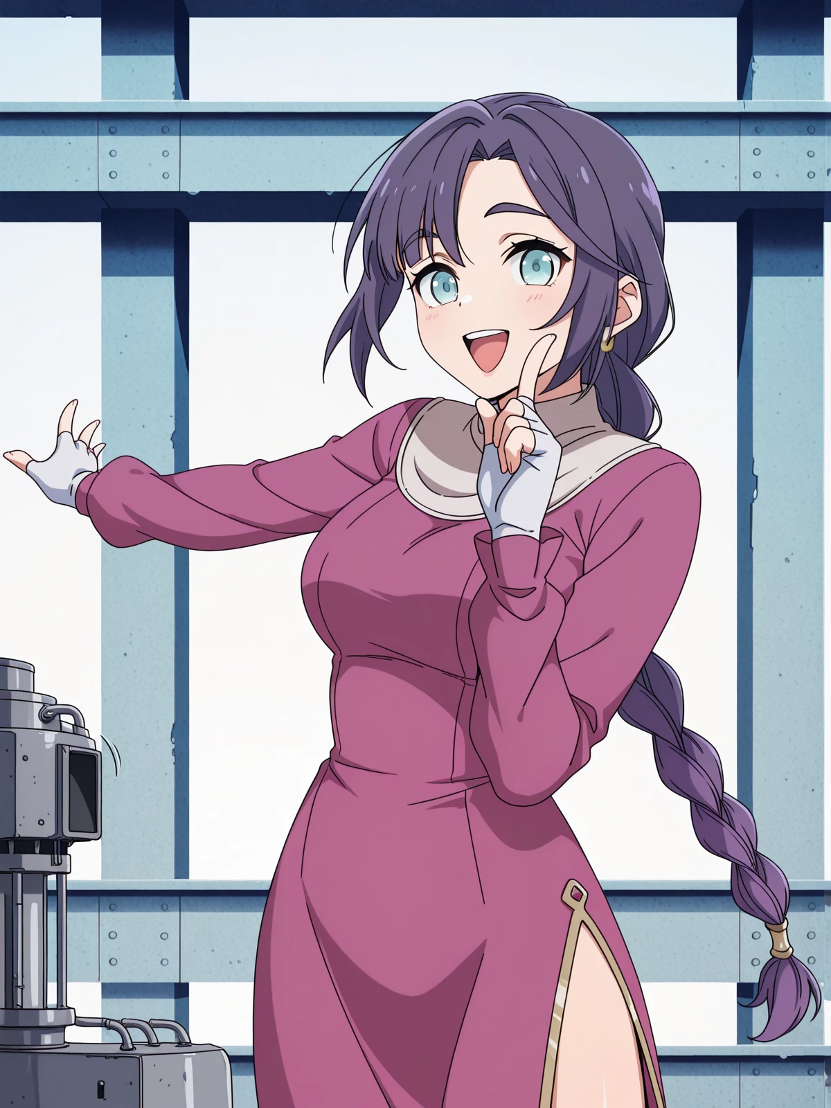 masterpiece, best quality, amazing quality,, <lora:mona-oc-illustriousxl-lora-nochekaiser:1>, mona, blue eyes, purple hair, long hair, braid, braided ponytail, parted bangs, mature female, medium breasts, anime screencap, fingerless gloves, hoop earrings, jewelry, white muffler scarf, side slit, pink dress, long sleeves, <lora:hoshino-ruby-dance-illustriousxl-lora-nochekaiser:1>, hoshino ruby dance, finger wagging, index finger raised, dancing, outstretched arm, cowboy shot, smile, open mouth,, industrial, machinery, metal, large, factory, cowboy shot, solo, looking at viewer,