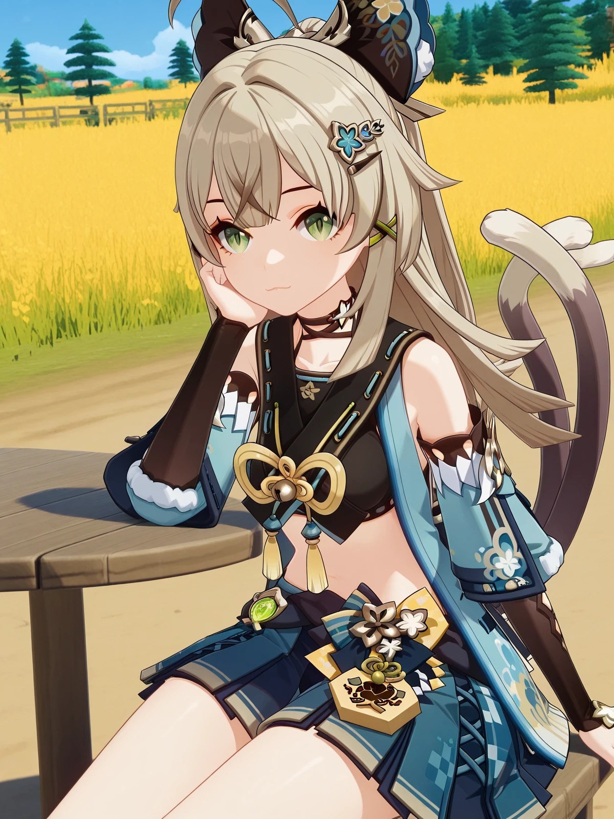 masterpiece, best quality, amazing quality,, <lora:genshin-kirara-ingame-illustriousxl-lora-nochekaiser:1>, kirara, kirara (genshin impact), long hair, brown hair, hair ornament, animal ears, green eyes, tail, ahoge, sidelocks, hairclip, cat ears, cat tail, light brown hair, cat girl, multiple tails, two tails, nekomata, mature female, small breasts, 3d, skirt, long sleeves, bare shoulders, pleated skirt, detached sleeves, choker, midriff, miniskirt, vest, crop top, blue skirt, black choker, black tank top, nekomata, sleeveless coat, sitting, elbow rest, table,, bike ride, countryside, dirt road, trees, afternoon sun, peaceful, alone, cowboy shot, solo, looking at viewer,
