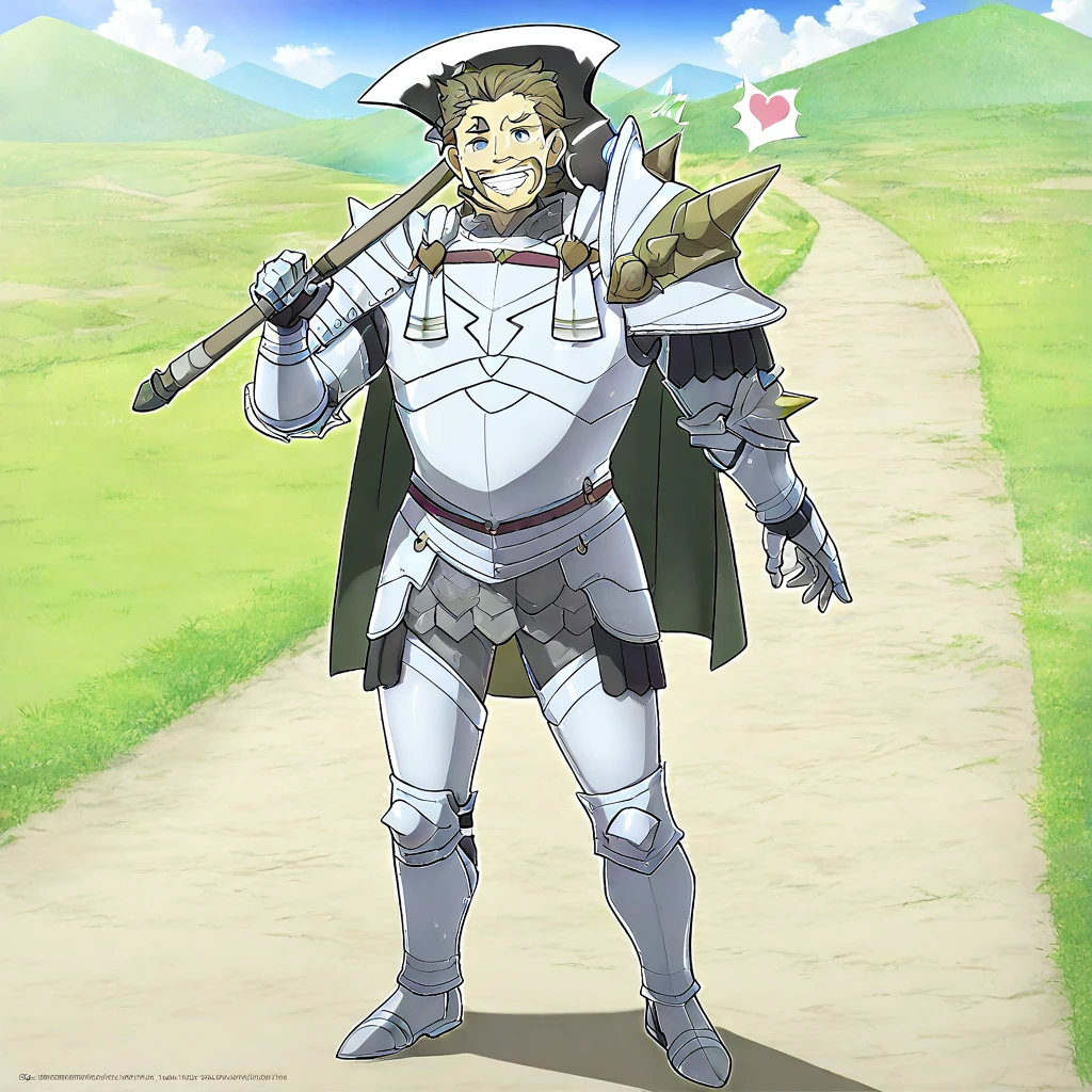 masterpiece, absurd res, best quality, newest, 2024, 8k, 4k, solo male, 1boy, Alois, mustache, armor, full body, standing, holding weapon, axe, weapon over shoulder, over shoulder, grin, ^^, hearts, hills, outdoors, sunshine, anime coloring,