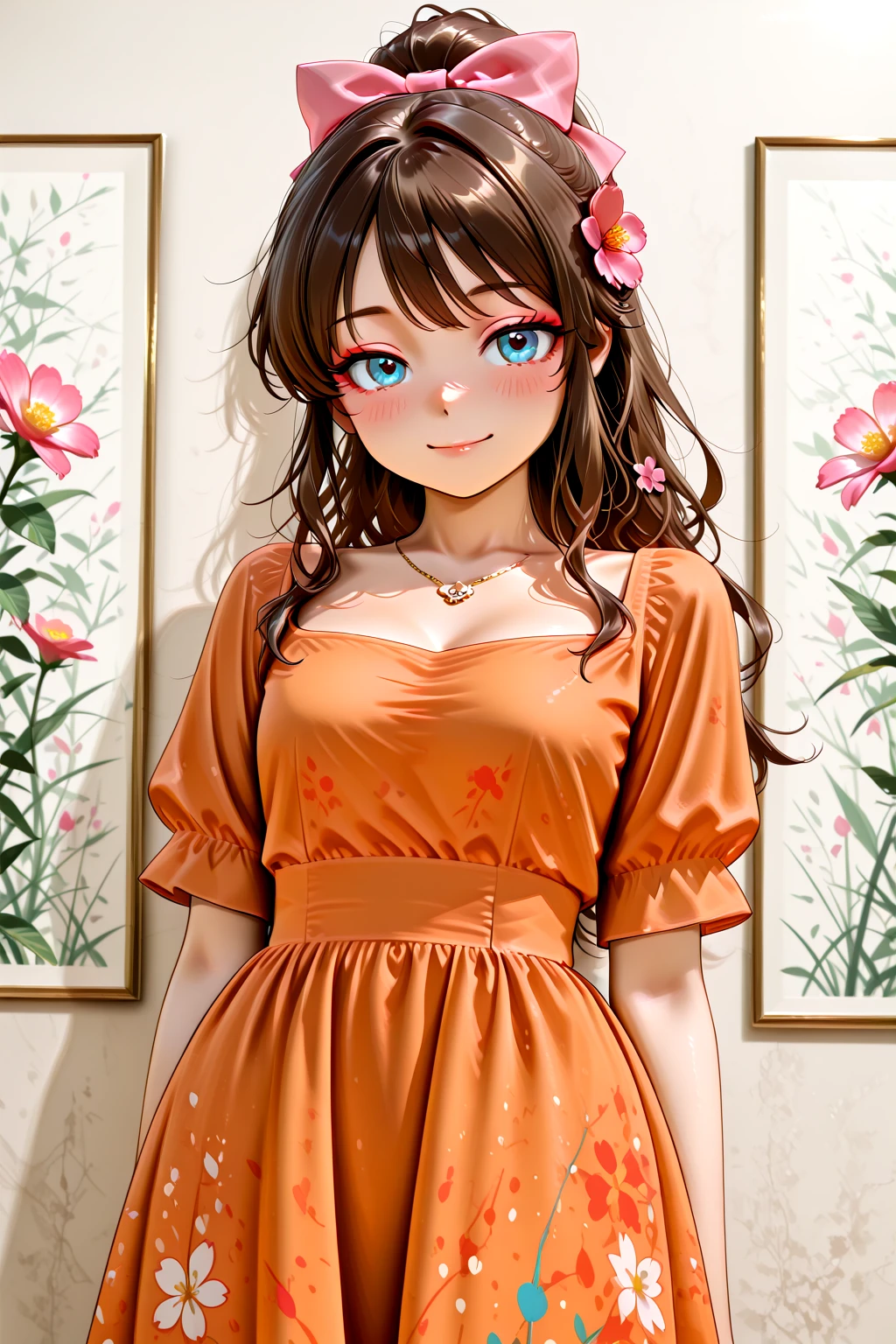 masterpiece, best quality, amazing quality, 1girl, solo, makeup, general, cowboy shot, looking at viewer, blush, dramatic angle, smile, hold brush, museum, <lora:Hanasaki_Himari_OC:0.8>, Hanasaki_Himari_OC, long hair, blue eyes, brown hair, high ponytail, hair intakes, hair bow, pink bow, hair flower, pink flower, hair ornament, sidelocks, breasts, <lora:Paint_Splatter_Print_Dress:1.2>, Paint_Splatter_Print_Dress, orange dress, print dress, multicolored dress, short sleeves, paint on clothes, jewelry, necklace, <lora:wai-A3-V140:1>, <lora:illustrious_noobai_epsilon_pred_1_masterpieces_v1:1>