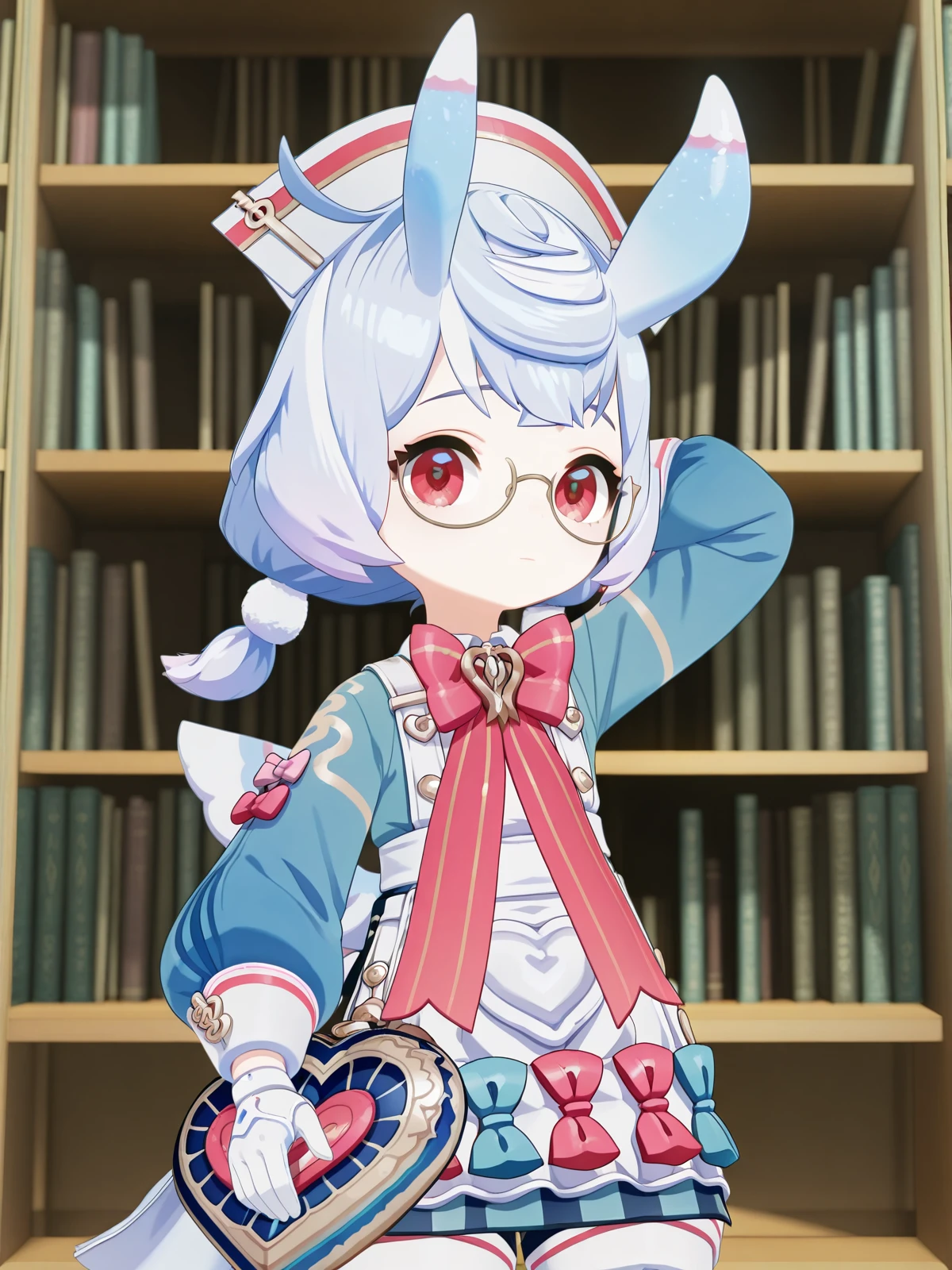 masterpiece, best quality, amazing quality,, <lora:genshin-sigewinne-ingame-illustriousxl-lora-nochekaiser:1>, sigewinne, hair ornament, red eyes, animal ears, twintails, blue hair, purple hair, multicolored hair, gradient hair, low twintails, short twintails, pom pom hair ornament, 3d, long sleeves, gloves, dress, hat, bow, pantyhose, puffy sleeves, white gloves, bowtie, apron, blue dress, white headwear, pink bow, white apron, white pantyhose, pom pom (clothes), nurse cap, pink bowtie, aqua dress,, hand behind head, , library, reading books, glasses, quiet, focused, shelves of books, cowboy shot, solo, looking at viewer,