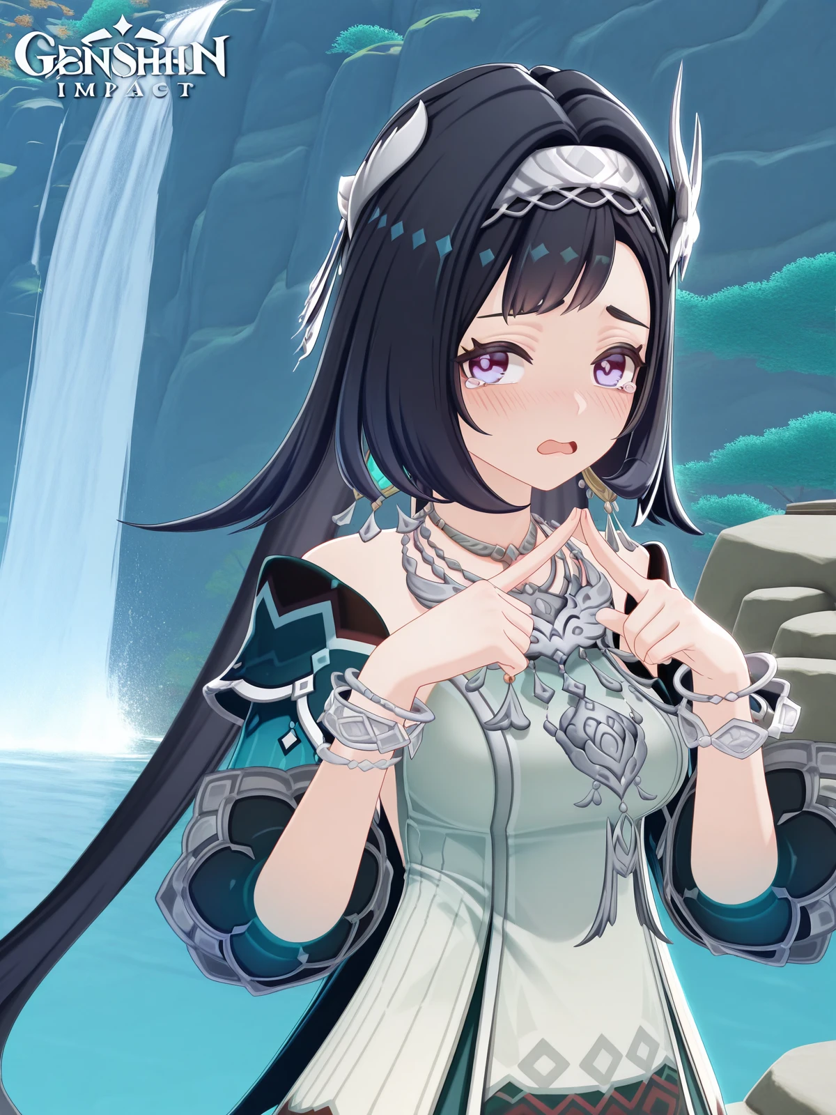 masterpiece, best quality, amazing quality,, <lora:genshin-lan-yan-ingame-illustriousxl-lora-nochekaiser:1>, lan yan, lan yan (genshin impact), long hair, black hair, hair ornament, purple eyes, hairband, mature female, medium breasts, 3d, skirt, dress, jewelry, jacket, white dress, necklace, bracelet, bracelet, <lora:fidgeting-index-fingers-together-illustriousxl-lora-nochekaiser:1>, fidgeting index fingers together, index fingers together, open mouth, looking at viewer, fidgeting, blush, tearing up, upper body, waterfall, water, rocks, plunge, spray, cowboy shot, solo, looking at viewer,