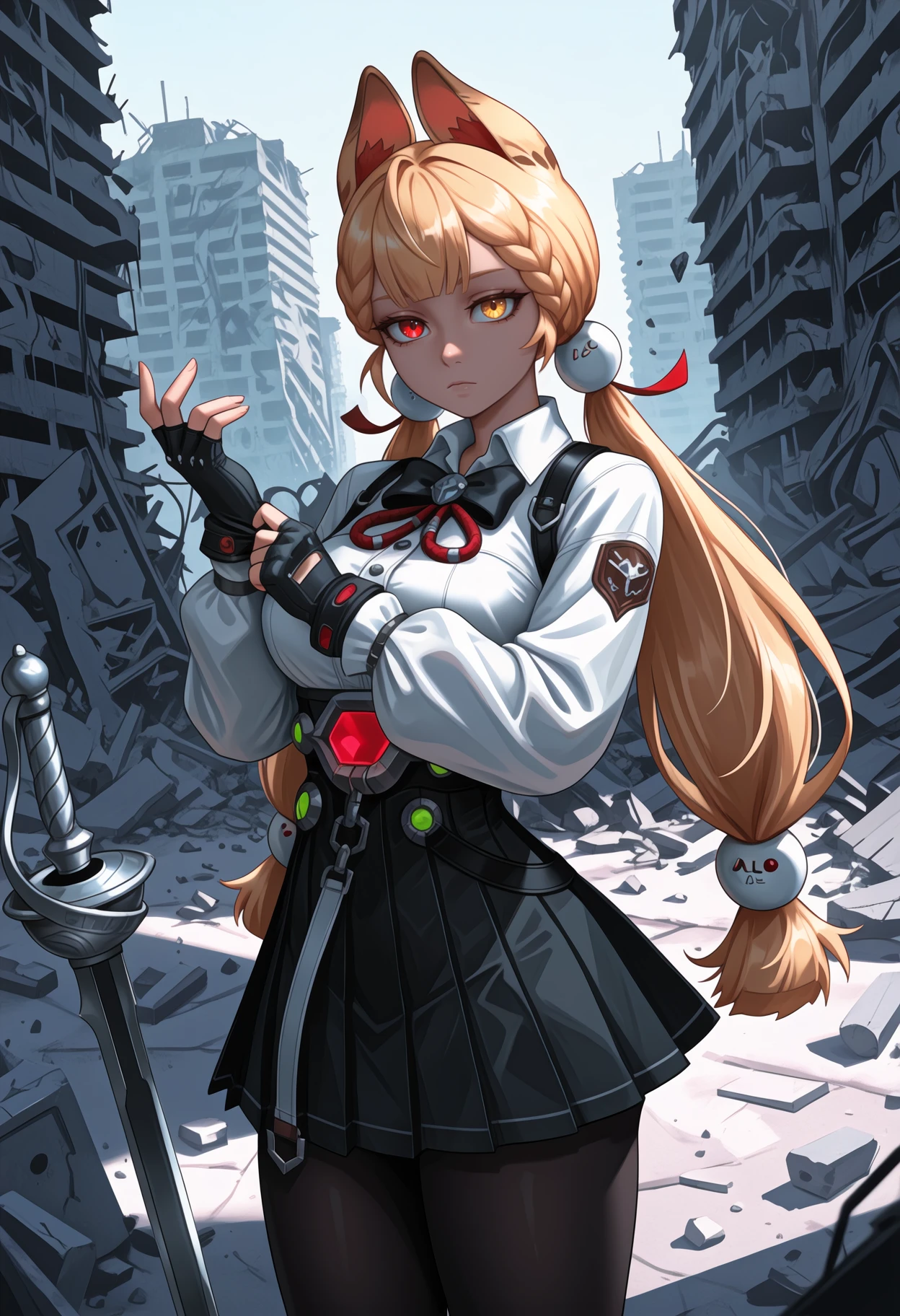 newest, solo, 1girl, al1c3def, expressionless, looking at viewer, standing, adjusting gloves, planted sword, rapier, long hair, blonde hair, low twintails, braid, hair bobbles, hair ribbon, red ribbon, animal ears, heterochromia, red eyes, yellow eyes, white shirt, collared shirt, shirt tucked in, shoulder strap, black bowtie, puffy long sleeves, black gloves, fingerless gloves, black skirt, pleated skirt, high-waist skirt, underbust, black belt, black pantyhose, outdoors, day, rubble, debris, building, abandoned, factory
<segment:yolo-Anzhc Face seg 640 v3 y11n.pt,0.5,0.5//cid=11>