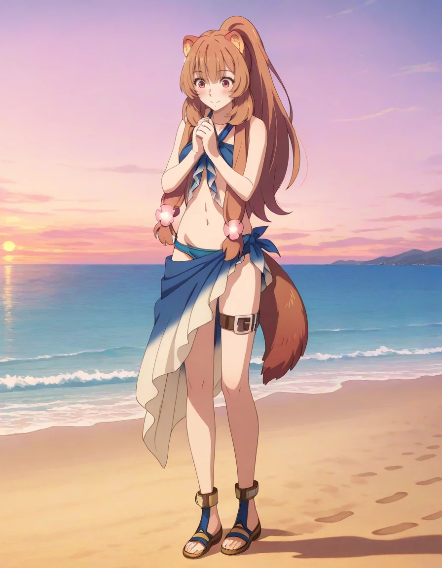 masterpiece, best quality, amazing quality, detailed background,
1girl, barefoot, shoreline, sunset, soft waves, warm glow, wistful expression, breeze, golden light, pastel sky, long shadows, footprints in sand, calm mood, smile, looking down, hand in own hair, blush, own fingers together,
<lora:raphtalia-tate_no_yuusha_no_nariagari_s2-ixl-anime-soralz:1>, raphtalia (tate no yuusha no nariagari), long hair, animal ears, brown hair, red eyes, sidelocks, hair tubes, tail,
ponytail, sidelocks flower hair ornament, blue swimsuit, blue , navel, sarong, thigh strap, cross-laced sandals