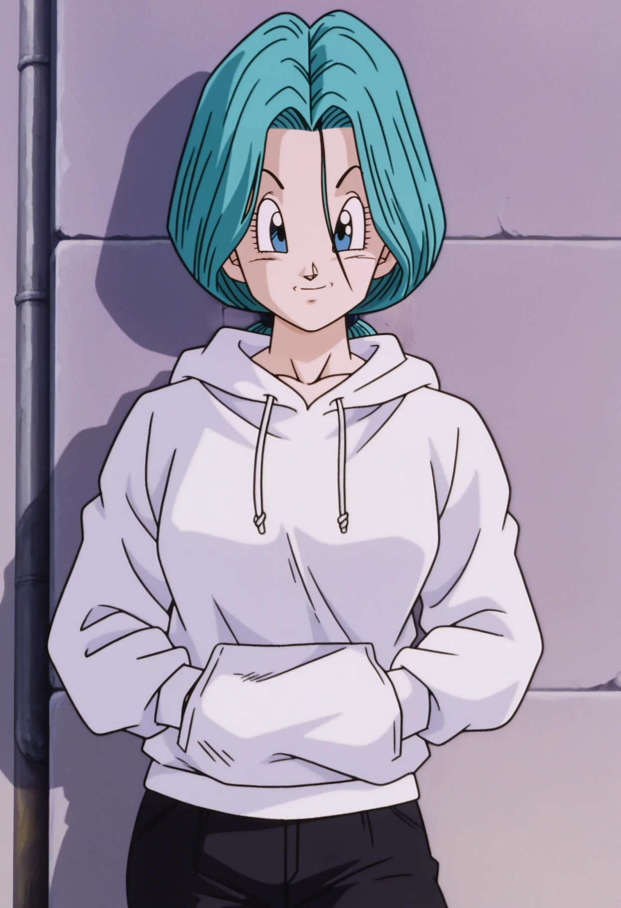 bulma (future), 1girl, mature female, long hair, low ponytail, looking at viewer, white hoodie, hood down, standing, cowboy shot, casual, black pants, hands in pockets, outdoors, wall, sexy, leaning against wall, retro, retro artsyle, anime coloring, anime screencap, masterpiece, best quality, highres, highly detailed, intricate details, absurdres, very awa, very aesthetic, newest,
