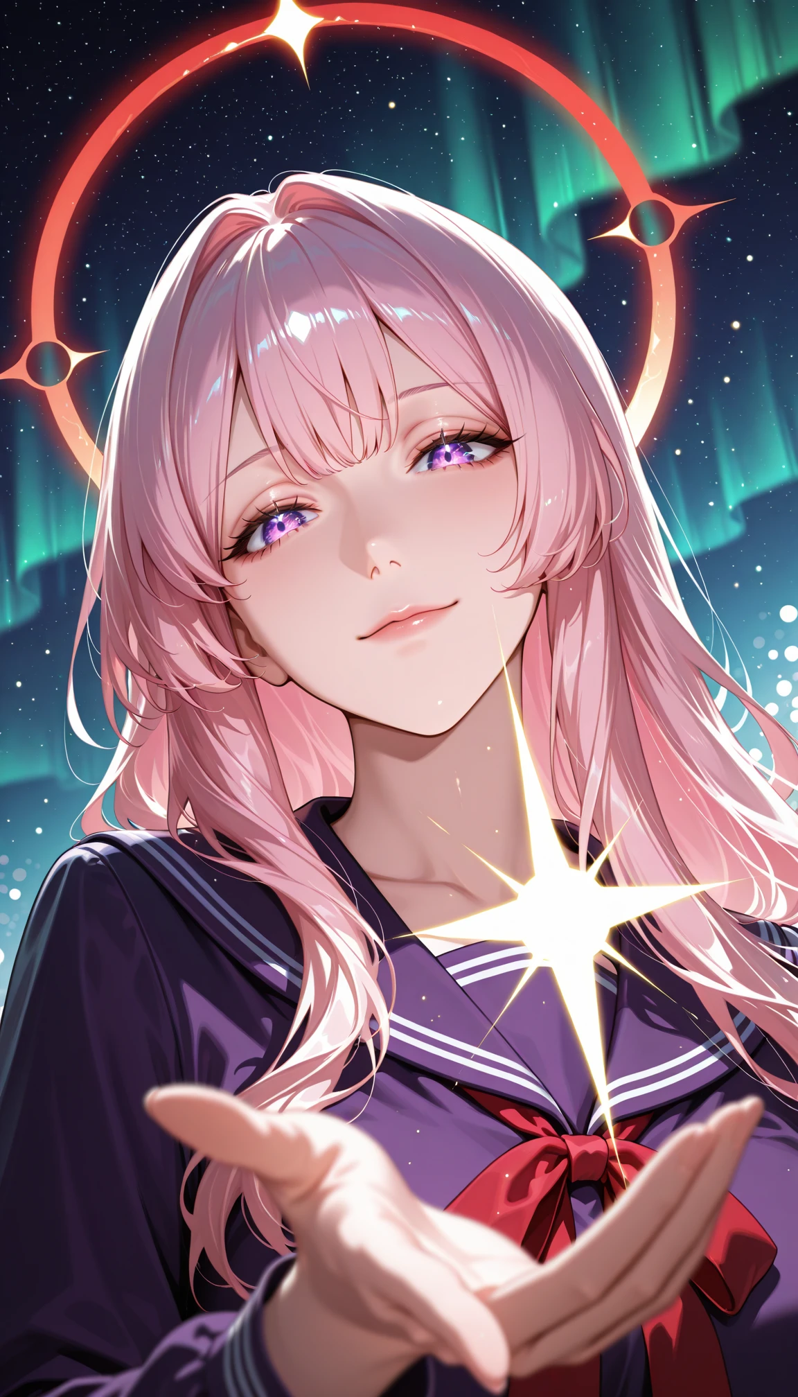 masterpiece, best quality, amazing quality, 4k, very aesthetic, high resolution, ultra-detailed, absurdres, newest, scenery, mature face, sharp face, long face, 1girl, solo, fashion photography of busty cute girl, (cute:1.2), pink hair, long hair, choppy bangs, nebulae cosmic purple eyes, rimlit eyes, light smile, purple serafuku, big red ribbon, red annular solar eclipse halo, hand, glowing star in hand, from below, dutch angle, portrait, upper body, head tilt, colorful, rim light, backlit, (colorful light particles:1.2), cosmic sky, aurora, chaos, perfect night, fantasy background, BREAK, detailed background, blurry foreground, bokeh, depth of field, volumetric lighting