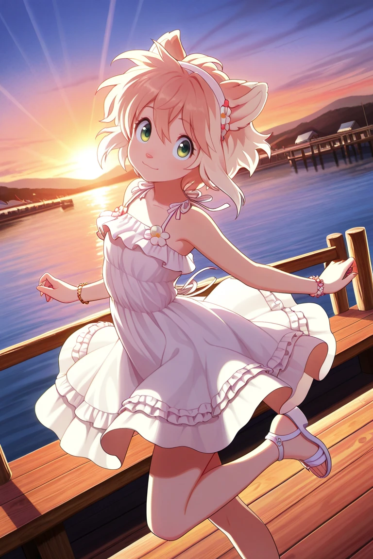 1boy, mio, solo, green eyes, animal nose, white dress, sundress, sleeveless dress, hairband, white sandals, bracelet, dancing, pier, sunset, beautiful, outdoors, spinning around, flare skirt, looking at viewer, dynamic angle, blush, happy, BREAK ((ultra-detailed)), ((best quality)), ((beautiful eyes)), ((extremely detailed)), 4K, (8K), best quality, (beautiful), Master piece, highres, best quality, official art, highres, masterpiece, detailed background, high quality background,