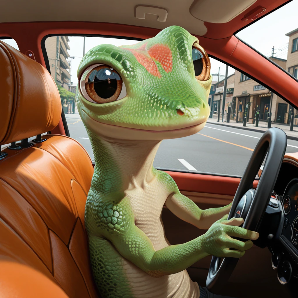 masterpiece, best quality, perfect quality, absurdres, newest, very aesthetic, very awa, g3icogeck, gecko, green scales, big eyes, reptile humanoid, no humans, brown eyes, 1boy, short, street, driving, vehicle  <lora:Geico_Gecko_-_Martin_Commercial:1>