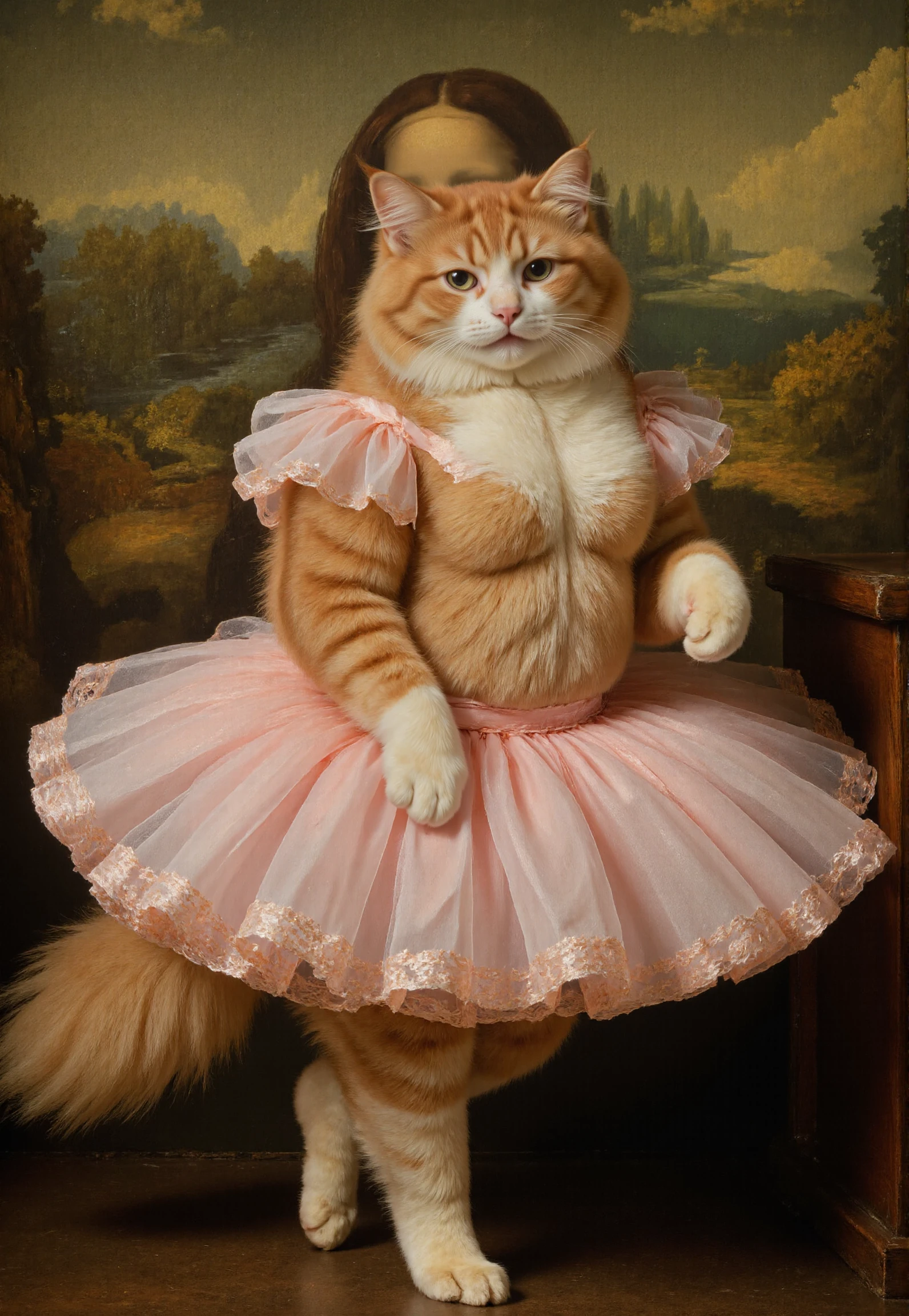 Rembrandt style <lora:redcat:1>, "Purr-onna Lisa" â Mona Lisa-Inspired Portrait, 
This is a high-resolution, CGI-rendered portrait of a fluffy, orange and white Persian cat dressed in a delicate pink ballet tutu, styled as a Renaissance masterpiece. The cat sits poised with one paw resting gracefully over the other, its expression serene yet subtly mischievousâmimicking the enigmatic smile of the Mona Lisa. The tutuâs soft pastel hue contrasts beautifully with the catâs luxurious fur, which is meticulously detailed to show every silky strand. The background is a dreamy, sfumato landscape of rolling hills and misty rivers, bathed in golden light. The composition exudes elegance, blending feline charm with classical artistry. . Baroque, chiaroscuro, realistic, emotional, "flat lighting