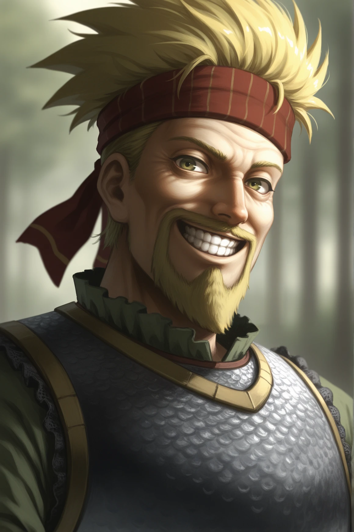 1boy, Thorkell, beard, old, chainmail armor, headband, short green sleeves, upper body portrait, grin, looking at viewer, <lora:Thorkell_Illustrious-000007:0.75>, blurry background, solo, masterpiece, best quality, newest, absurdres, highres, new, (goma \(gomasamune\),:0.7) (koto inari:0.4)