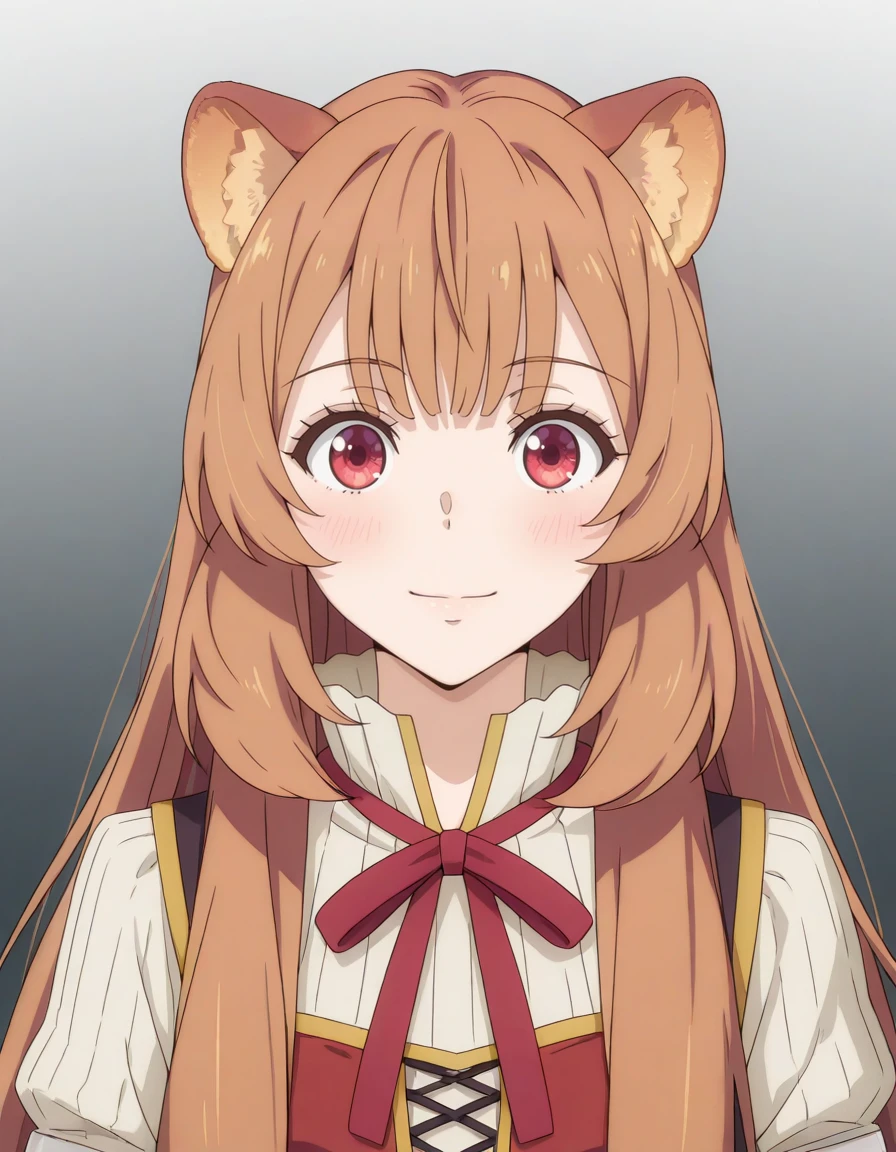 masterpiece, best quality, amazing quality, gradient background,
1girl, looking at viewer, solo, portrait, upper body, straight-on, light smile, face focus,
<lora:raphtalia-tate_no_yuusha_no_nariagari_s2-ixl-anime-soralz:1>, raphtalia (tate no yuusha no nariagari), long hair, animal ears, brown hair, red eyes, sidelocks,
casual outfit, white blouse, high collar, neck ribbon, red tunic