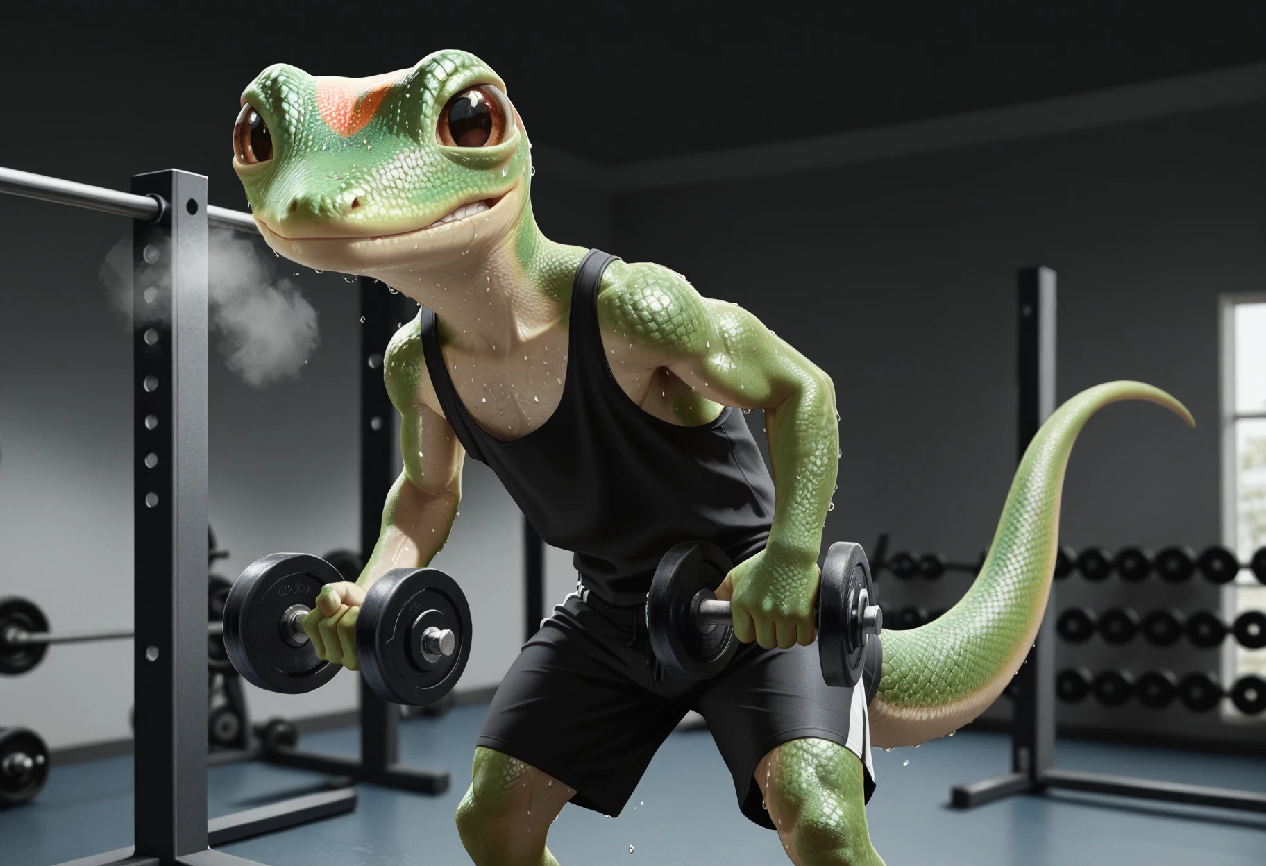 masterpiece, best quality, perfect quality, absurdres, newest, very aesthetic, very awa, g3icogeck, solo, gecko, green scales, anthro, reptile humanoid, no humans, slim, brown eyes, 1boy, exercise, tank top, shorts, gym, dumbbells, muscles bulging, straining expression, clenched teeth, sweating, heavy breathing, standing <lora:Geico_Gecko_-_Martin_Commercial:.9>  <lora:NOOB_vp1_detailer_by_volnovik_v1:1>