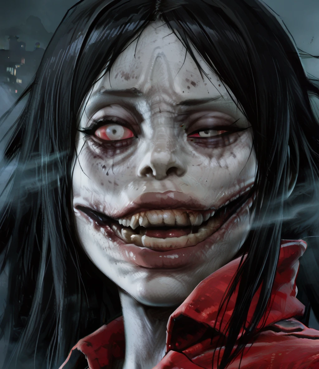 kchskerdxl, red sclera, white eyes, black hair, uneven eyes, messy makeup, 
black hair, uneven eyes, 
red trench coat, big lips, 
upper body, 
night, fog, urban, close up, 
solo, 
(insanely detailed, masterpiece, best quality), <lora:KuchisakeREDxl-12v1-ILL:1>,