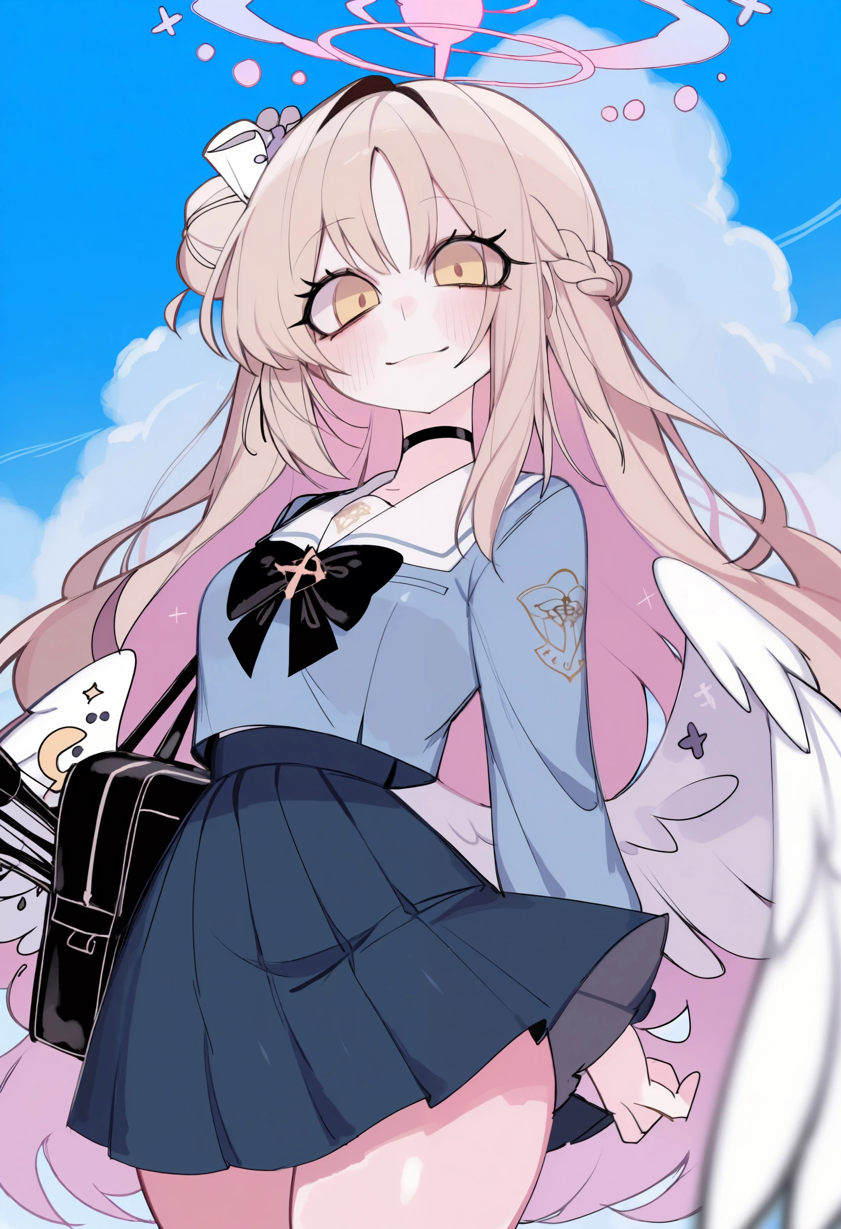 <lora:USA37107692-illustriousXL_v01_V2-CAME>, 1girl, solo, USA3710, depth of field, pink halo, skirt, halo, black bowtie, angel wings, blurry foreground, cowboy shot, ribbon, wings, pleated skirt, hair bun, school uniform, braid, long sleeves, smile, looking at viewer, long bangs, day, single side bun, cloud, holding instrument, sailor collar, french braid, trinity general school logo, light brown hair, cloudy sky, yellow eyes, instrument, miniskirt, white sailor collar, blue shirt, hair ribbon, sky, bowtie, outdoors, blue skirt, white ribbon, shirt, blurry, bow, holding, black bag,