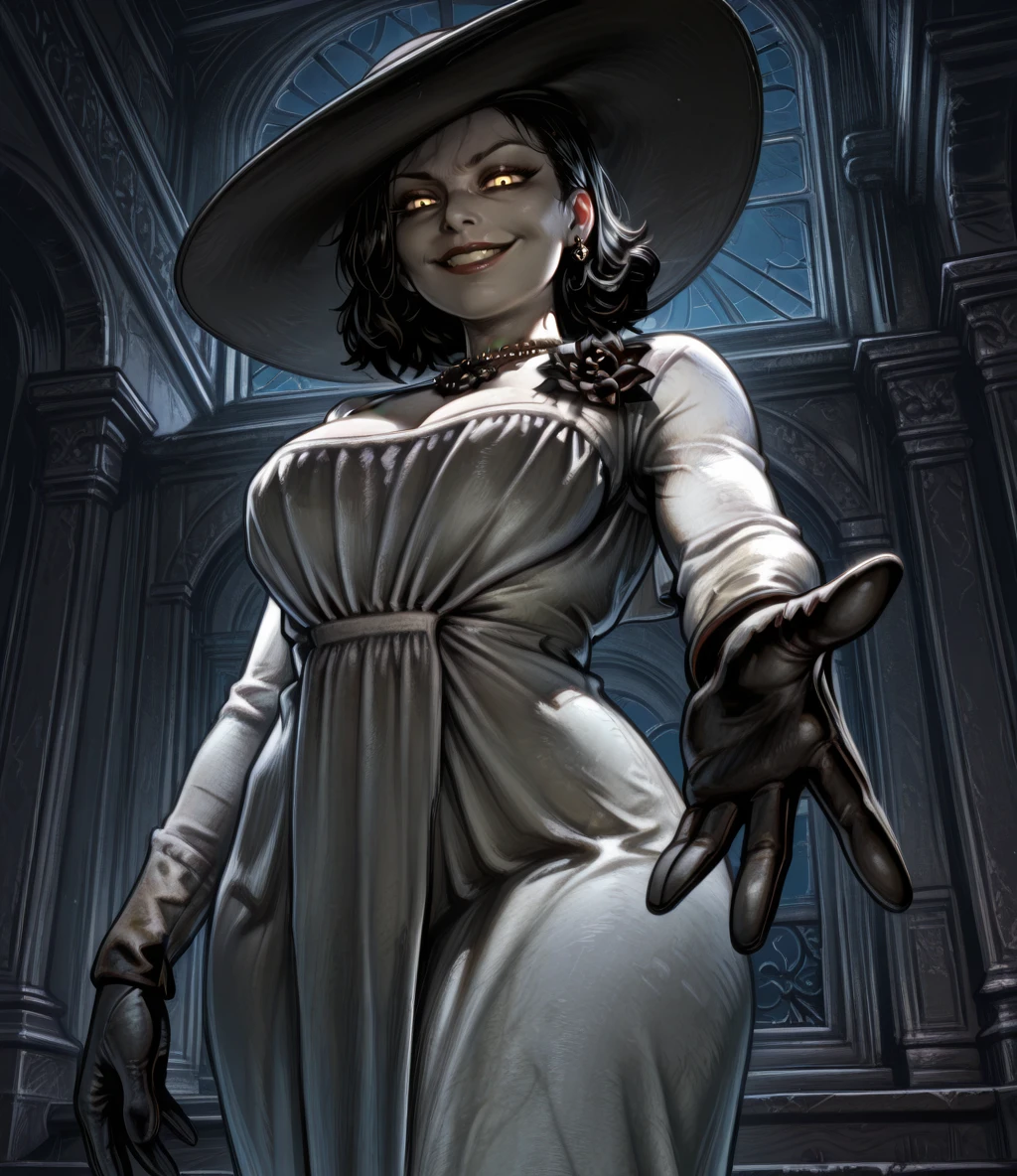 alcinaxl, yellow eyes, black hair, medium hair, hat, evil grin, 
white dress, single earring, black flower brooch, necklace, cleavage, 
from below, standing, reaching towards viewer,  black gloves, 
indoors, night, 
looking at viewer, solo, 
night, 
(insanely detailed, masterpiece, best quality), <lora:AlcinaDimitrescuxl-12-ilv2:1>,