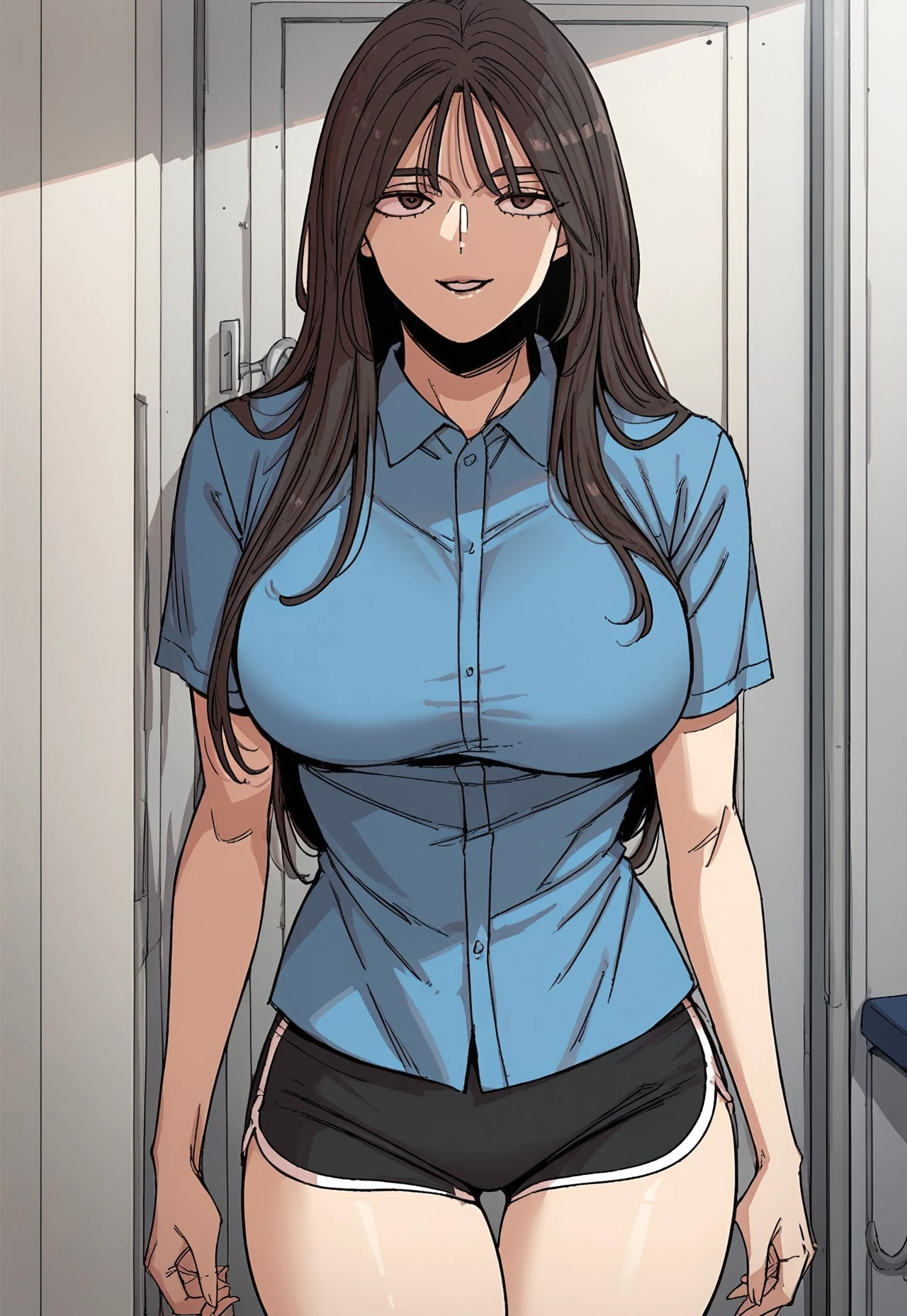safe_pos,score_9, score_8_up, score_7_up,1girl,solo,rating_explicit,uncensored,large breast, brown hair,parted lips,long hair,brown eyes,cold expression,curvy hourglass body,tall,large breast,Expressiveh,perfect face, expressive eyes, perfect face, mature female,adult,high detail, mature,perfect face,perfect eyes,perfect body, rating_explicit, high detail, perfect face,
BREAK blue shirt, short sleeves, collared shirt, black shorts, short shorts, dolphin shorts, sexual smile,indoors,