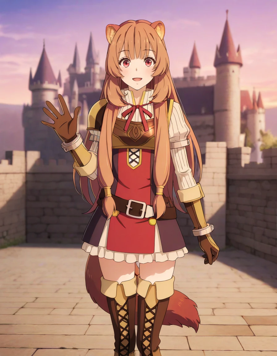 masterpiece, best quality, amazing quality, blurry background,
1girl, solo, standing, guild, isekai, looking at viewer, light smile, waving, open mouth, full body, castle, evening, outdoors, on top of castle,
<lora:raphtalia-tate_no_yuusha_no_nariagari_s2-ixl-anime-soralz:1>, raphtalia (tate no yuusha no nariagari), long hair, animal ears, brown hair, red eyes, sidelocks, hair tubes, tail,
combat outfit, white blouse, high collar, neck ribbon, leather armor, leather vest, long sleeves, metal wrist cuffs, leather gloves, cross-laced cutout, red tunic, belt, frilled skirt, layered skirt, leather boots, thigh boots
