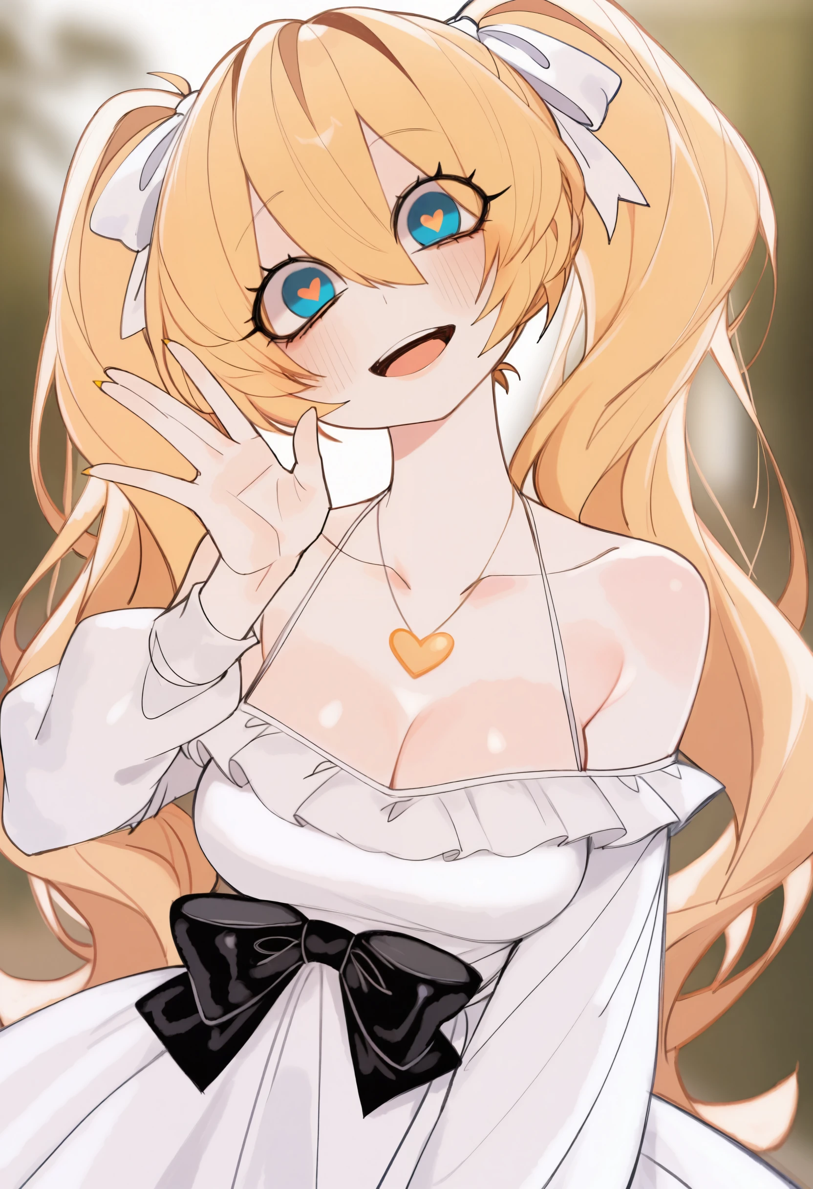 <lora:USA37107692-illustriousXL_v01_V2-CAME>, 1girl, solo, USA3710, depth of field, blonde hair, yellow nails, heart, medium breasts, bare shoulders, breasts, symbol-shaped pupils, necklace, twintails, smile, :d, blue eyes, hair between eyes, bow, heart necklace, ribbon, jewelry, heart-shaped pupils, cleavage, black bow, white ribbon, dress bow, dress, hand up, star \(symbol\), blurry background, looking at viewer, collarbone, white dress, head tilt, fingernails, long sleeves,