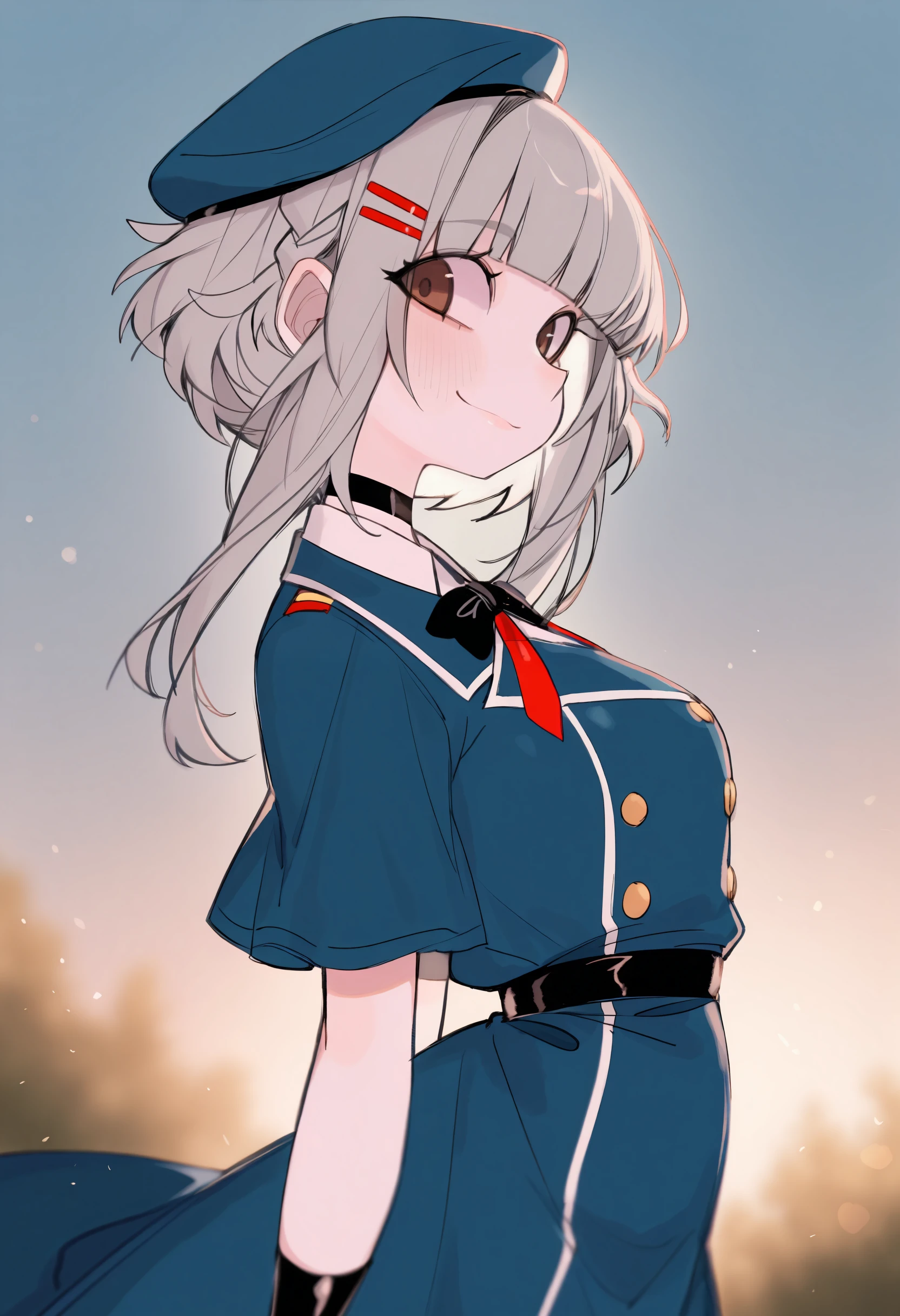 <lora:USA37107692-illustriousXL_v01_V2-CAME>, 1girl, solo, USA3710, depth of field, grey hair, brown eyes, jacket, hat, blurry foreground, buttons, bowtie, short hair with long locks, white shirt, smile, single braid, blunt bangs, collared jacket, long dress, braid, light particles, outdoors, from side, looking to the side, gloves, blue headwear, closed mouth, upper body, ribbon, dress, beret, black gloves, blurry, black bowtie, military uniform, hairclip, uniform, blurry background, shirt, red ribbon, bow, neck ribbon, military hat, looking at viewer, short sleeves, tilted headwear, sideways glance, blue dress,