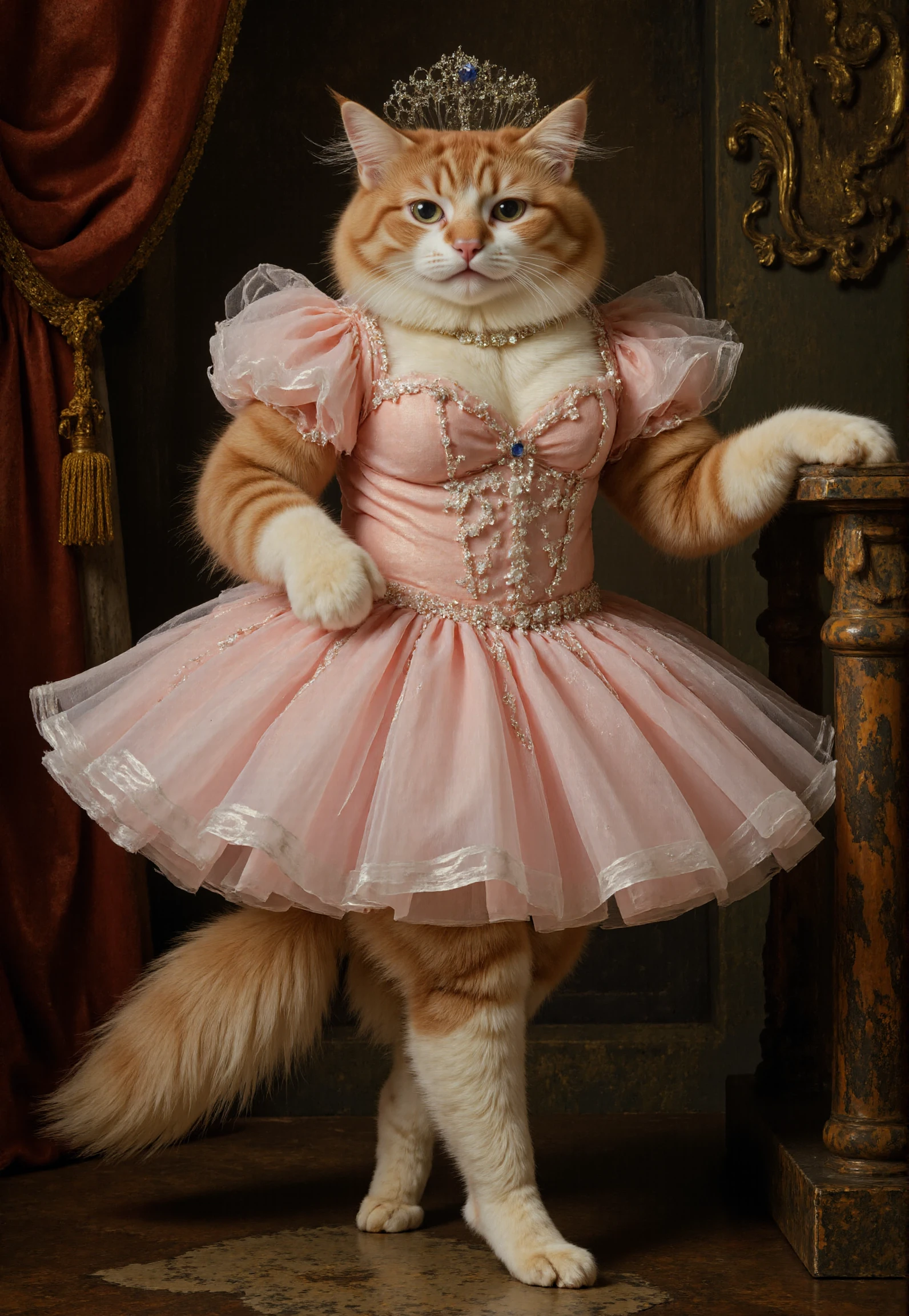 macabre style Rembrandt style <lora:redcat:1>, Baroque Ballerina" â Opulent Midbody Portrait
This is a high-resolution, CGI-rendered mid-body portrait of a Persian cat in a ballet tutu, styled with Baroque extravagance. The cat wears its pink tulle skirt and a lavish jeweled headdressâtiny sapphires and silver threads woven into an intricate design. Its fur glows against a backdrop of cascading velvet curtains and gilded Baroque scrollwork. One paw rests delicately on a faux-marble pedestal, as if itâs a treasured statue in a nobleâs gallery. The lighting is dramatic, with deep shadows and highlights emphasizing the catâs regal posture. Its expression is confident, almost smug, as if aware of its own grandeur. . Baroque, chiaroscuro, realistic, emotional, "flat lighting, mid body portrait . dark, eerie, grotesque, highly detailed