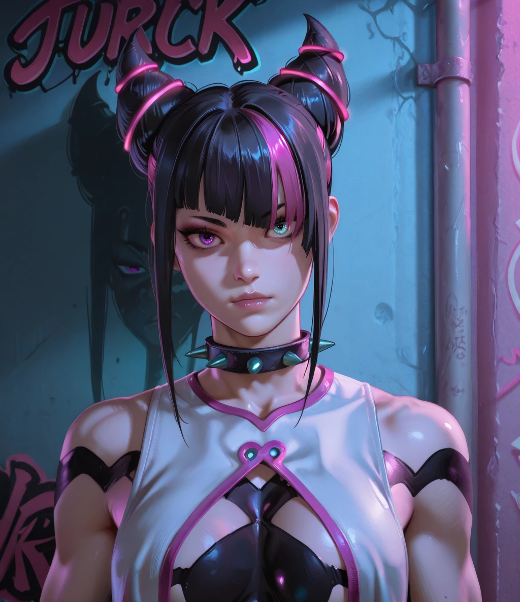 jurisf6xl, two-tone hair, black hair horns, purple eye, aqua eye, heterochromia,
spiked collar, white vest,
upper body,
looking at viewer, standing,
urban, graffiti, blue lighting, pink lighting, wall, night,
(insanely detailed, masterpiece, best quality), <lora:JuriSF6xl-12v1-ILL:1>,
