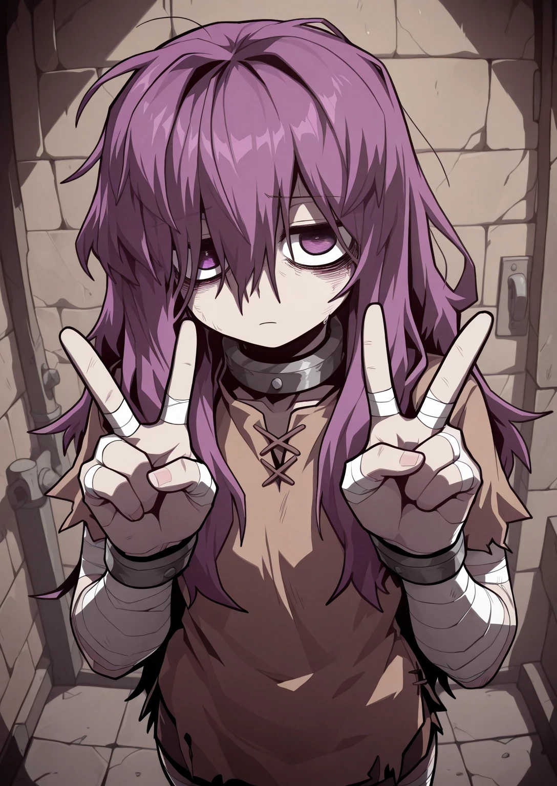 1girl, (solo:1.35), standing, dungeon, V-sign, 
BREAK
<lora:Yoon_Hee:0.8>, Yoon Hee, purple hair, long hair, messy hair, hair over eyes, tired eyes, dark circles under eyes, dull eyes, short sleeves, brown shirt, bandages on arms, bandages on legs,  gloomy expression
<lora:illustriousXLv01_stabilizer_v1.165c:0.5>, <lora:cfg_scale_boost:0.5>,  <lora:Hata4564:1>, masterpiece, best quality, amazing quality, very aesthetic, absurdres, newest,