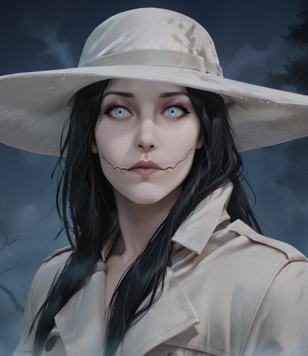 kchskewhxl, blue eyes, black hair, makeup, facial mark, 
white hat, white trench coat, close up, 
upper body, night, fog, solo, looking at viewer, 
(insanely detailed, masterpiece, best quality), <lora:KuchisakeWHITE-12v1-ILL:1>,
