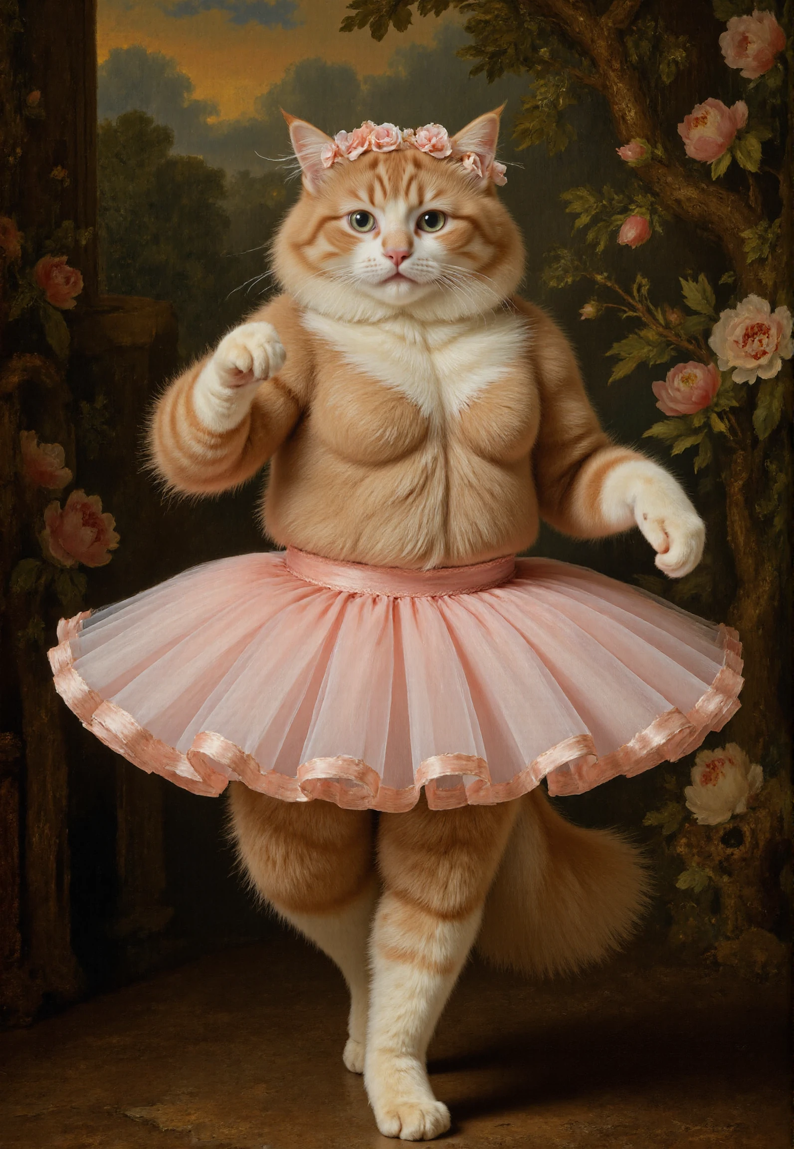 Rembrandt style <lora:redcat:1>, "The Enchanted Dancer" â Romantic-Era Midbody Portrait
This is a high-resolution, CGI-rendered mid-body portrait of a Persian cat in a ballet tutu, evoking the dreamy aesthetic of Romantic-era paintings. The cat wears a soft pink tulle tutu and an elegant floral headpieceâtiny silk roses woven into a delicate circlet. Its fluffy fur is rendered with exquisite detail, catching the light like brushed strokes of oil paint. One paw is extended mid-movement, as if caught in a dance. The background is a soft-focus garden at twilight, with blooming peonies and a hint of mist, creating an ethereal atmosphere. The catâs gaze is wistful, adding a touch of poetic charm. . Baroque, chiaroscuro, realistic, emotional, "flat lighting, mid body portrait