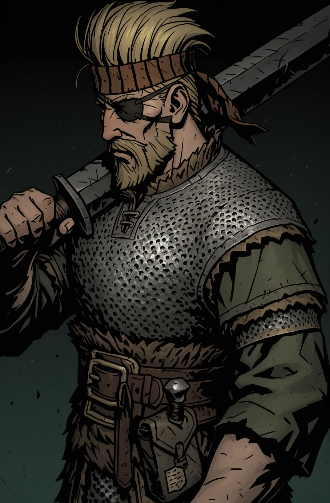 1boy, Thorkell, beard, chainmail armor, belt, headband, short green sleeves, eye patch, side view, looking over shoulder <lora:Thorkell_Illustrious-000007:0.75>, <lora:DD_Style03:0.85> Darkest Dungeon, masterpiece, best quality, newest, absurdres, highres, new