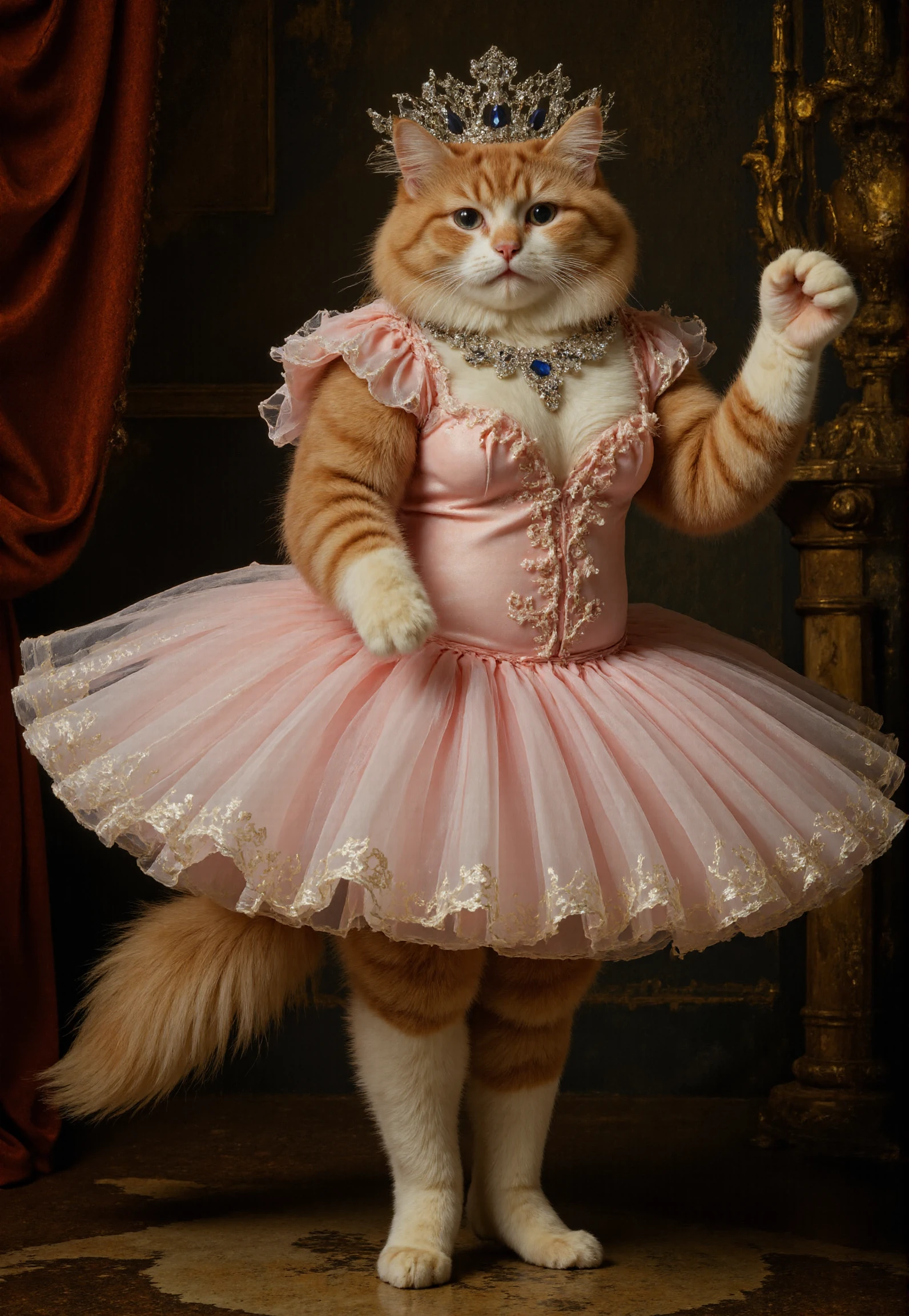 macabre style Rembrandt style <lora:redcat:1>, Baroque Ballerina" â Opulent Midbody Portrait
This is a high-resolution, CGI-rendered mid-body portrait of a Persian cat in a ballet tutu, styled with Baroque extravagance. The cat wears its pink tulle skirt and a lavish jeweled headdressâtiny sapphires and silver threads woven into an intricate design. Its fur glows against a backdrop of cascading velvet curtains and gilded Baroque scrollwork. One paw rests delicately on a faux-marble pedestal, as if itâs a treasured statue in a nobleâs gallery. The lighting is dramatic, with deep shadows and highlights emphasizing the catâs regal posture. Its expression is confident, almost smug, as if aware of its own grandeur. . Baroque, chiaroscuro, realistic, emotional, "flat lighting, mid body portrait . dark, eerie, grotesque, highly detailed