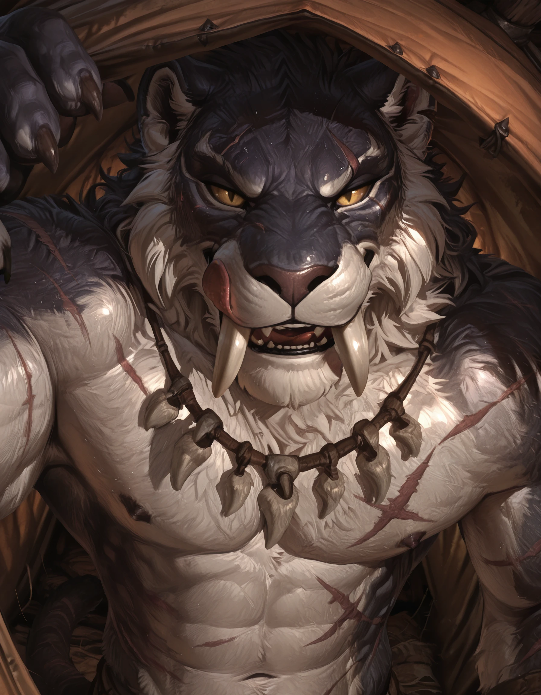 masterpiece, best quality, perfect quality, very awa, absurdres, newest, very aesthetic, absolutely eye-catching, intricate details, ((solo)), 1 boy, painterly,
close up, upper body focus, tribal, body paint, intense stare, lustful gaze, dynamic pose, inside tent, licking lips, scars, unique angle,
s4beron, feline, fur, tusks, sabertooth, tail, claws, colored sclera, yellow eyes, slit pupils, wide shoulders, hunched, muscular, claws,
<lora:Saberon for Illustrious:0.9>, <lora:iLLMythSmo0thL1nes:0.5>, <lora:8ubbl3W0lfILL:0.3>, <lora:Rokudenashi Style_V1_ILXL:0.5>