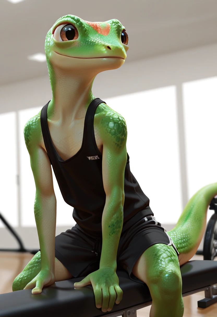 masterpiece, best quality, perfect quality, absurdres, newest, very aesthetic, very awa, g3icogeck, solo, gecko, green scales, anthro, reptile humanoid, no humans, slim, brown eyes, 1boy, working out, tank top, shorts, gym <lora:Geico_Gecko_-_Martin_Commercial:.9>