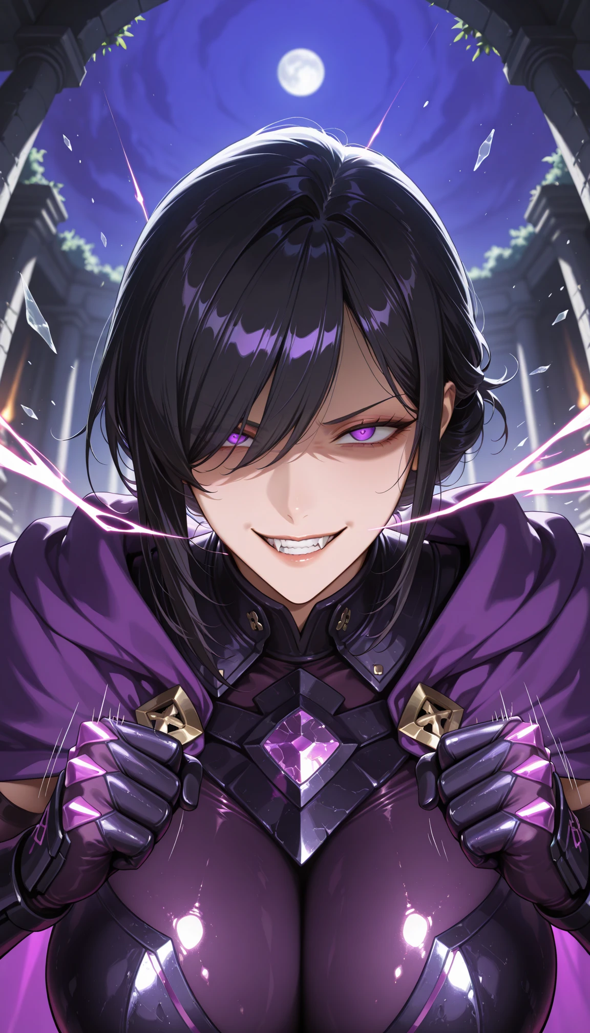 masterpiece, best quality, amazing quality, 4k, very aesthetic, high resolution, ultra-detailed, absurdres, newest, scenery, mature face, sharp face, long face, 1girl, v-shaped eyebrows, (shaded face:1.2), smug, (evil grin:1.2), crazy smile, fangs, teeth, wide-eyed, large breasts, short black hair with sideswept bangs, purple eyes, empty eyes, crazy eyes, eye trail, hair over one eye, detailed purple obsidian bodysuit, glowing purple cape, armored detailed purple gauntlets, overgrown stone temple, purple night sky with moon, fine fabric emphasis, dutch angle, from below, fighting stance, clenched hands, projectile glass shards, broken glass, (face focus:1.2), close-up, portrait, upper body, looking at viewer, (motion lines, attack trail:1.3), (fisheye, wide shot:1.2), BREAK, eyes, hands, fingers, detailed eyes, depth of field, volumetric lighting