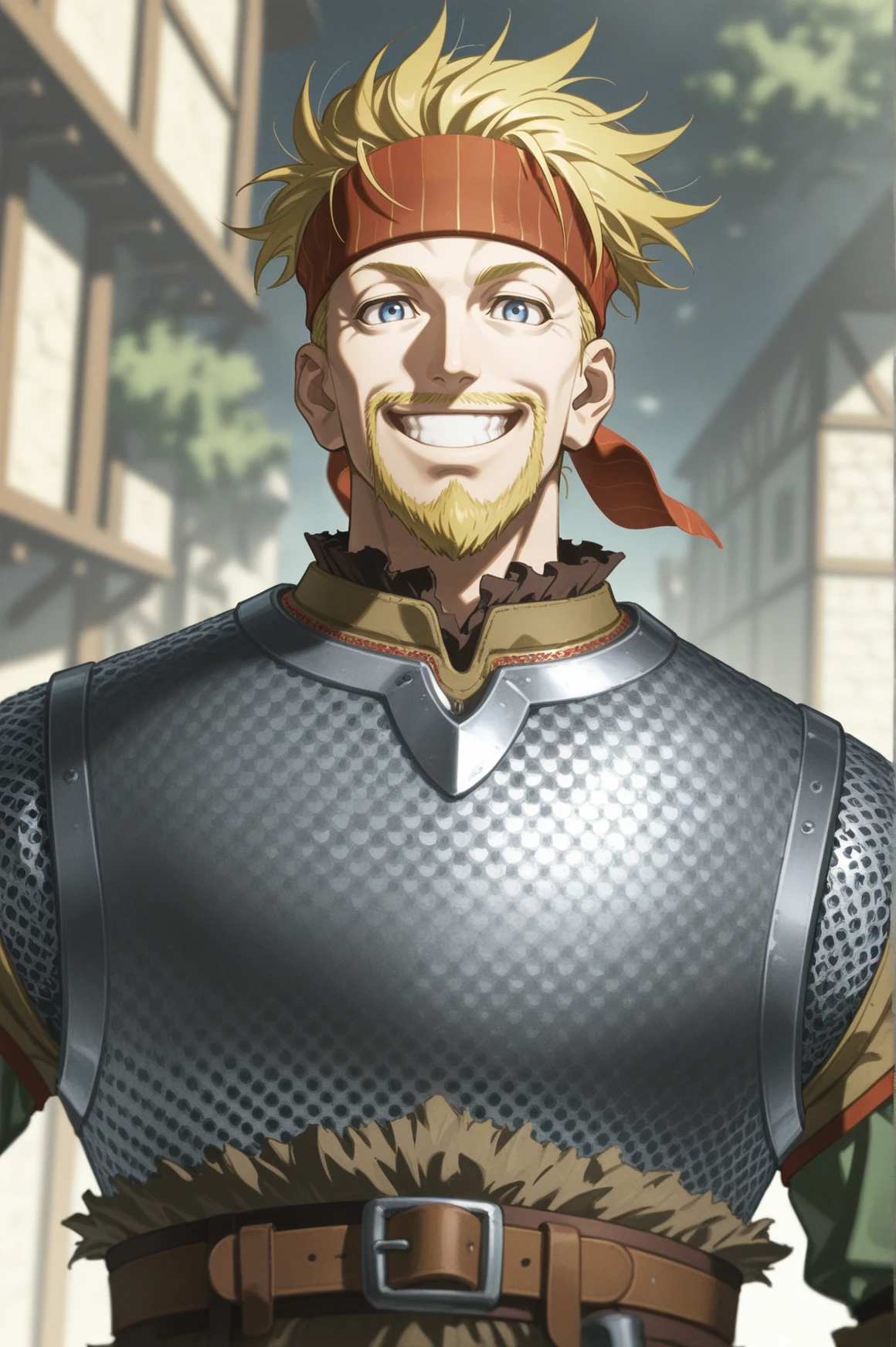 1boy, Thorkell, beard, old, chainmail armor, headband, short green sleeves, upper body, grin, looking at viewer, <lora:Thorkell_Illustrious-000007:0.75>, blurred background, medeival huts on background, Yoneyama Mai, masterpiece, best quality, newest, absurdres, highres, new