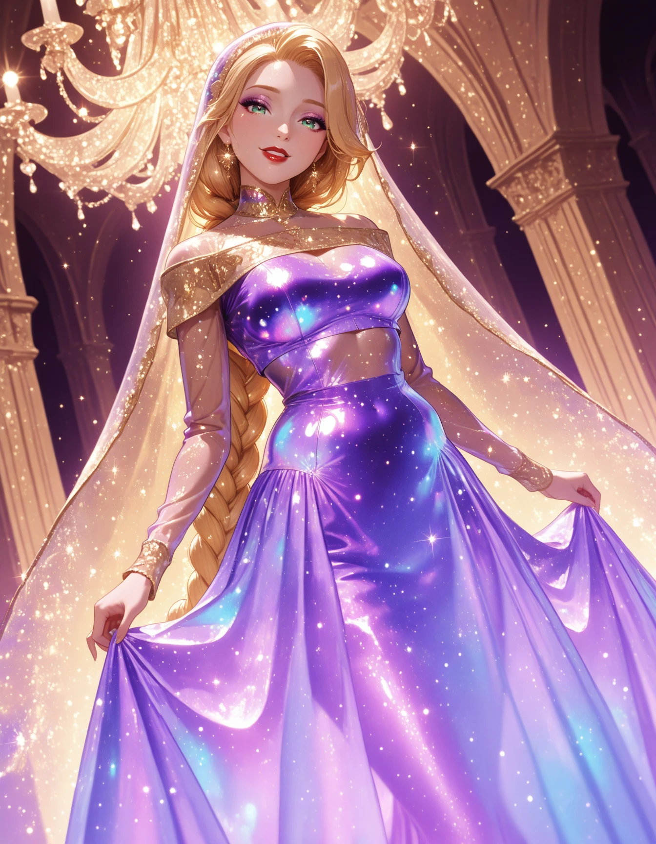 1girl, solo, rapunzel \(disney\), absurdly long braid, purple dress, iridescent dress, grand hall, chandelier, curtsey, smile, dutch angle, head tilt, satin, crop top, gold trimmed veil, gold off-shoulder, gold dress, gold trim, high collar, (patterned_clothing), long sleeves, large breasts, cowboy shot, see-through sleeves, glitter clothing, full body, looking at viewer, parted lips, red lips, eyeshadow <lora:Outfit_soph-KamalaBrideTNG:1> <lora:Style_Bright-ILXL:1> bright_illu, from below masterpiece, best quality, very aesthetic, newest